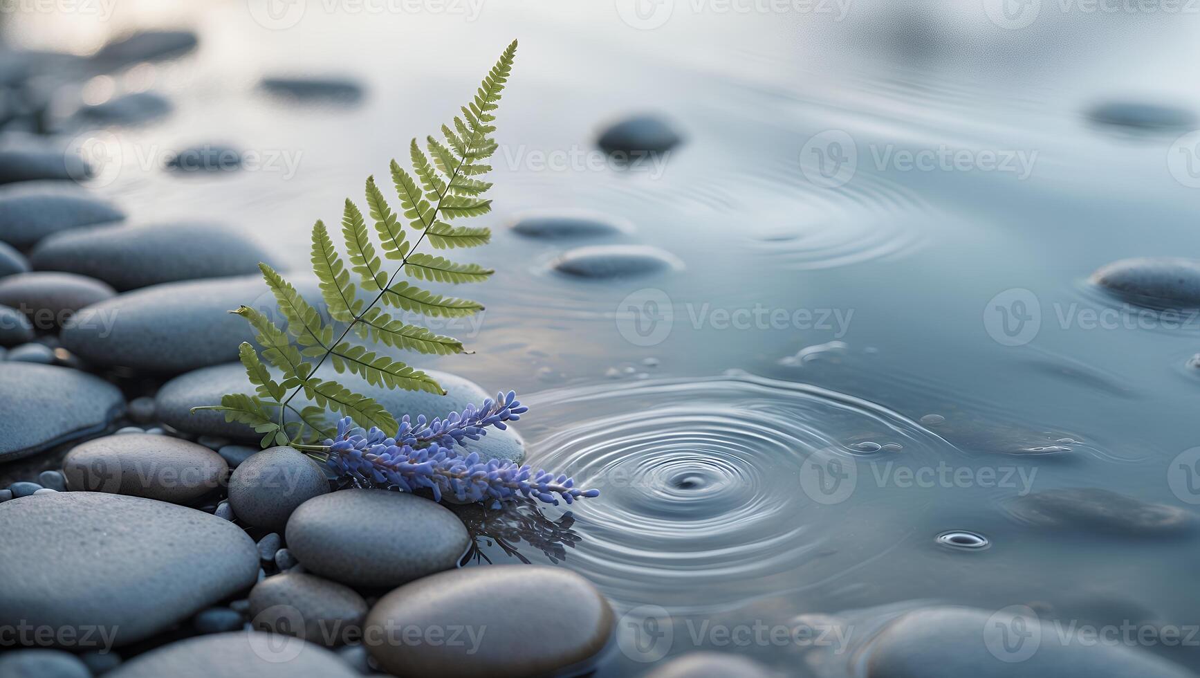 Fern and Lavender on Smooth Stones at Water's Edge with Ripples photo