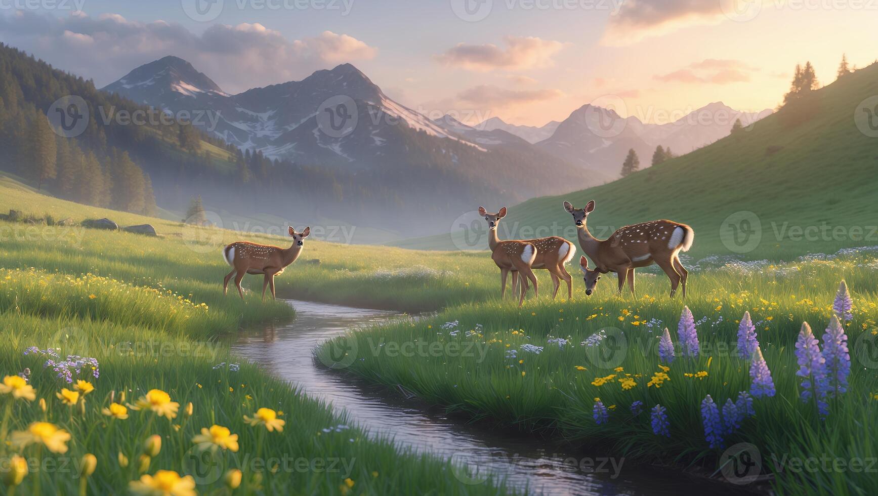 Deer Grazing in Meadow by Stream with Mountain Scenery photo
