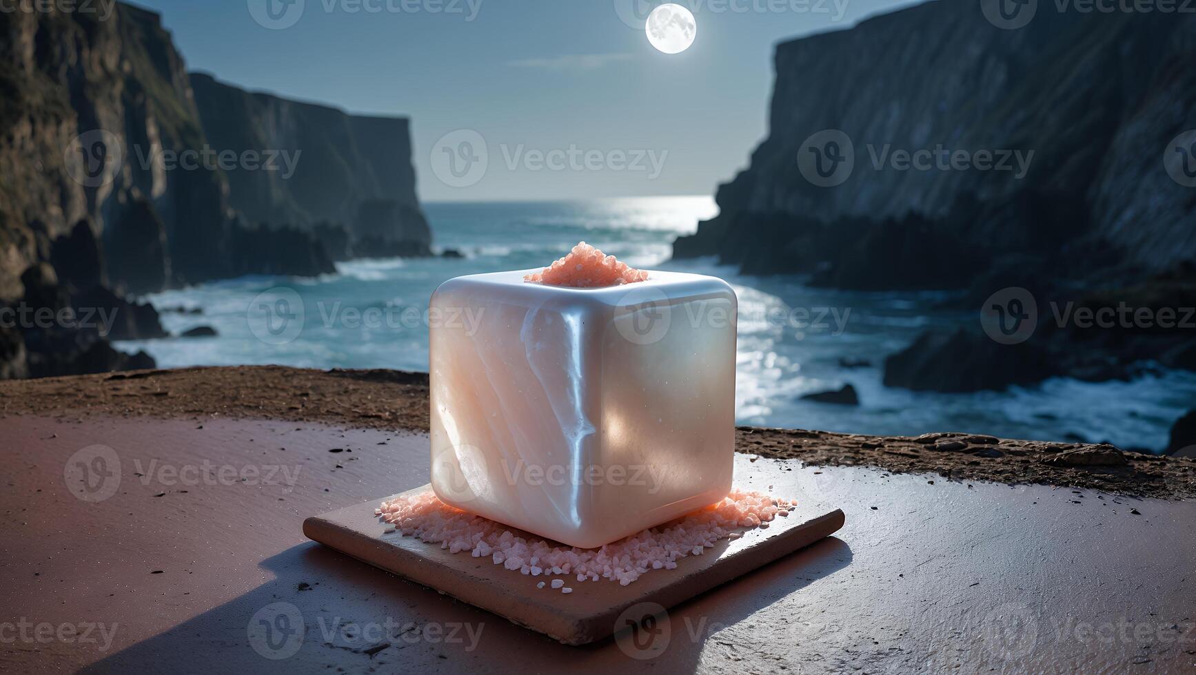 Salt Cube with Pink Salt and Moonlit Ocean Backdrop Concept photo