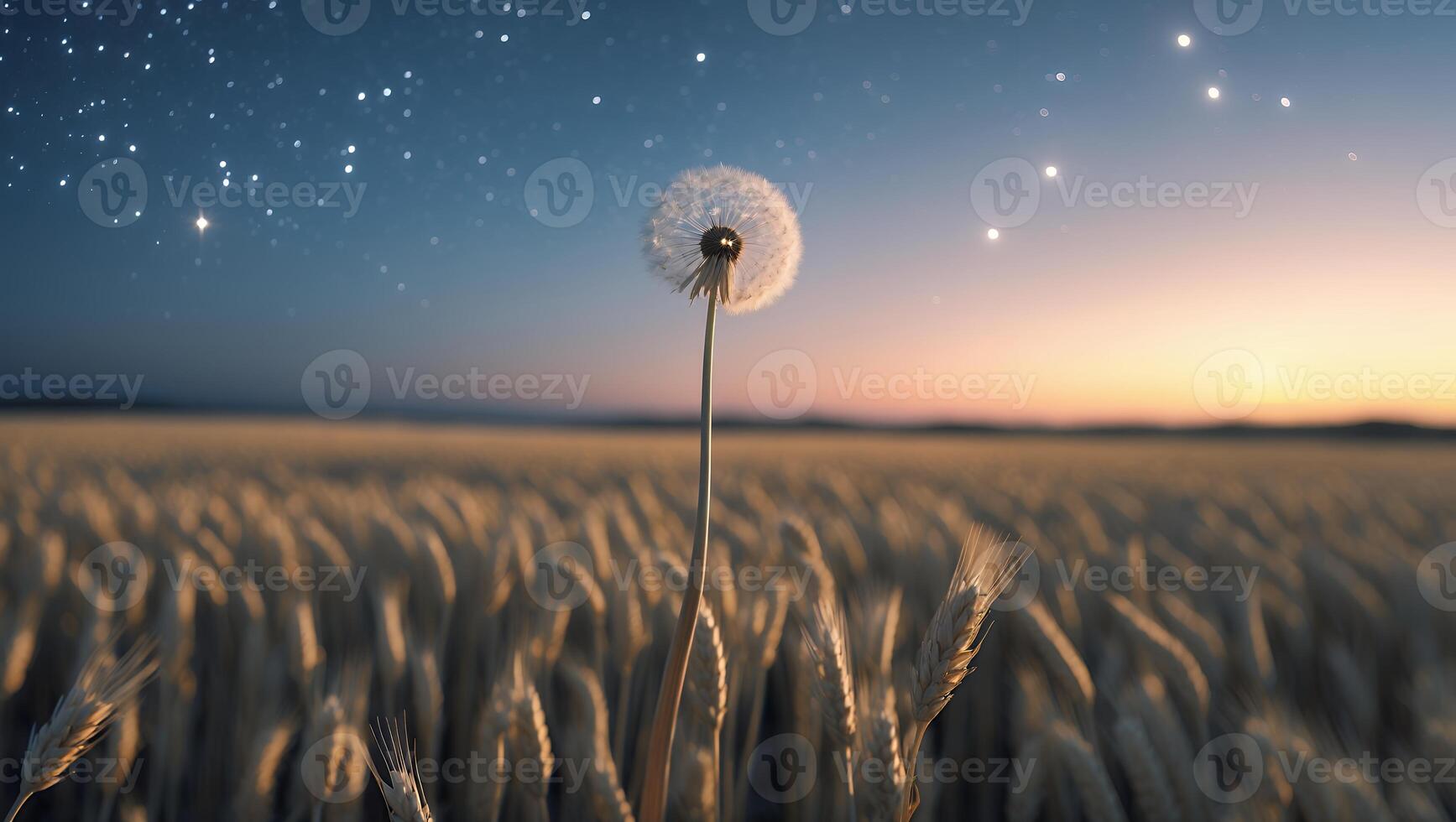 Dandelion in Field at Night with Grains and Starry Sky photo