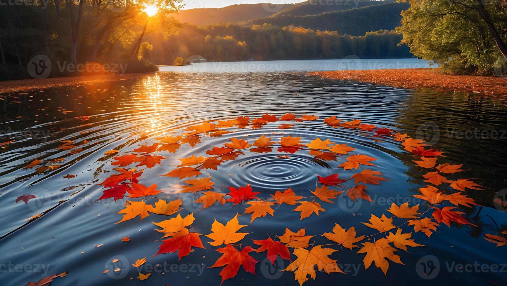 Fall Leaves Floating on Lake at Sunrise Creates a Peaceful Scene photo
