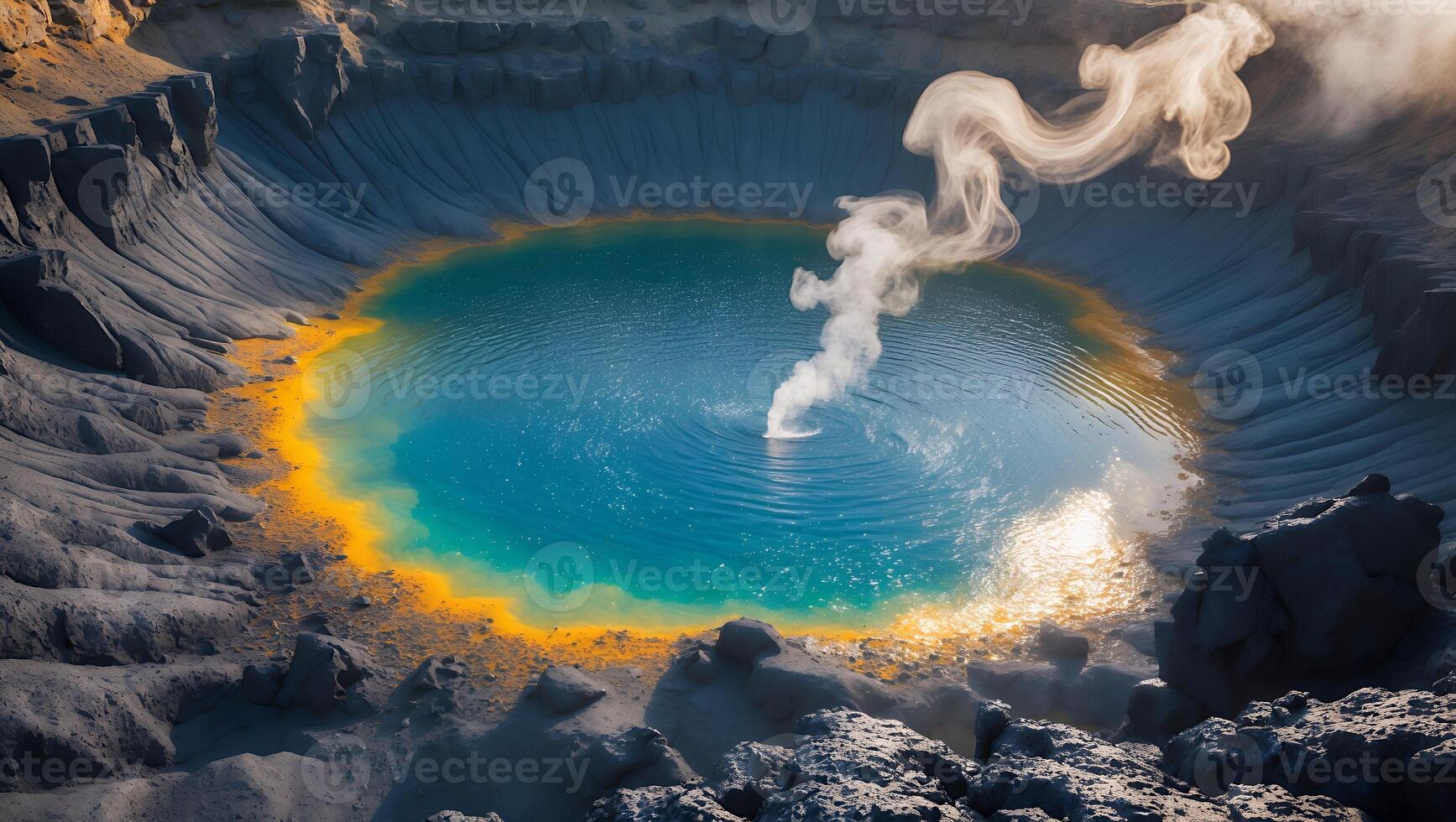 Geothermal Pool with Colorful Ring and Rising Steam on Rocky Landscape photo