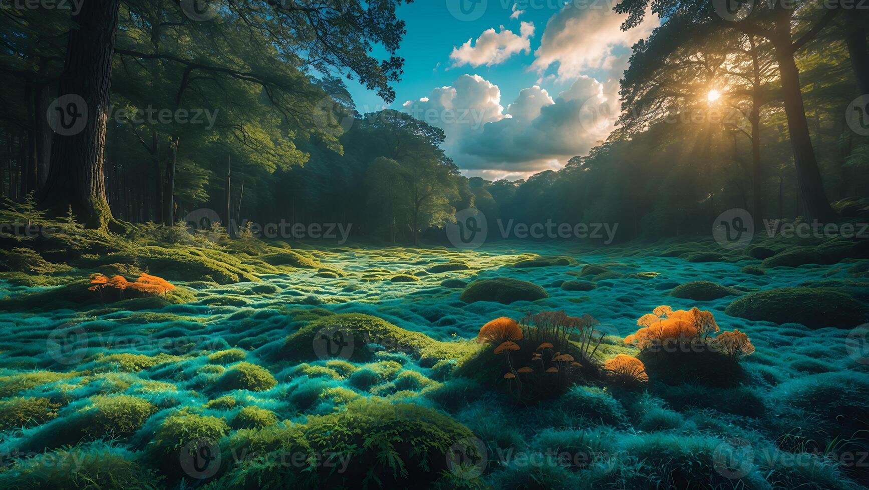 Lush Mossy Forest Glade at Sunrise with Glowing Light photo
