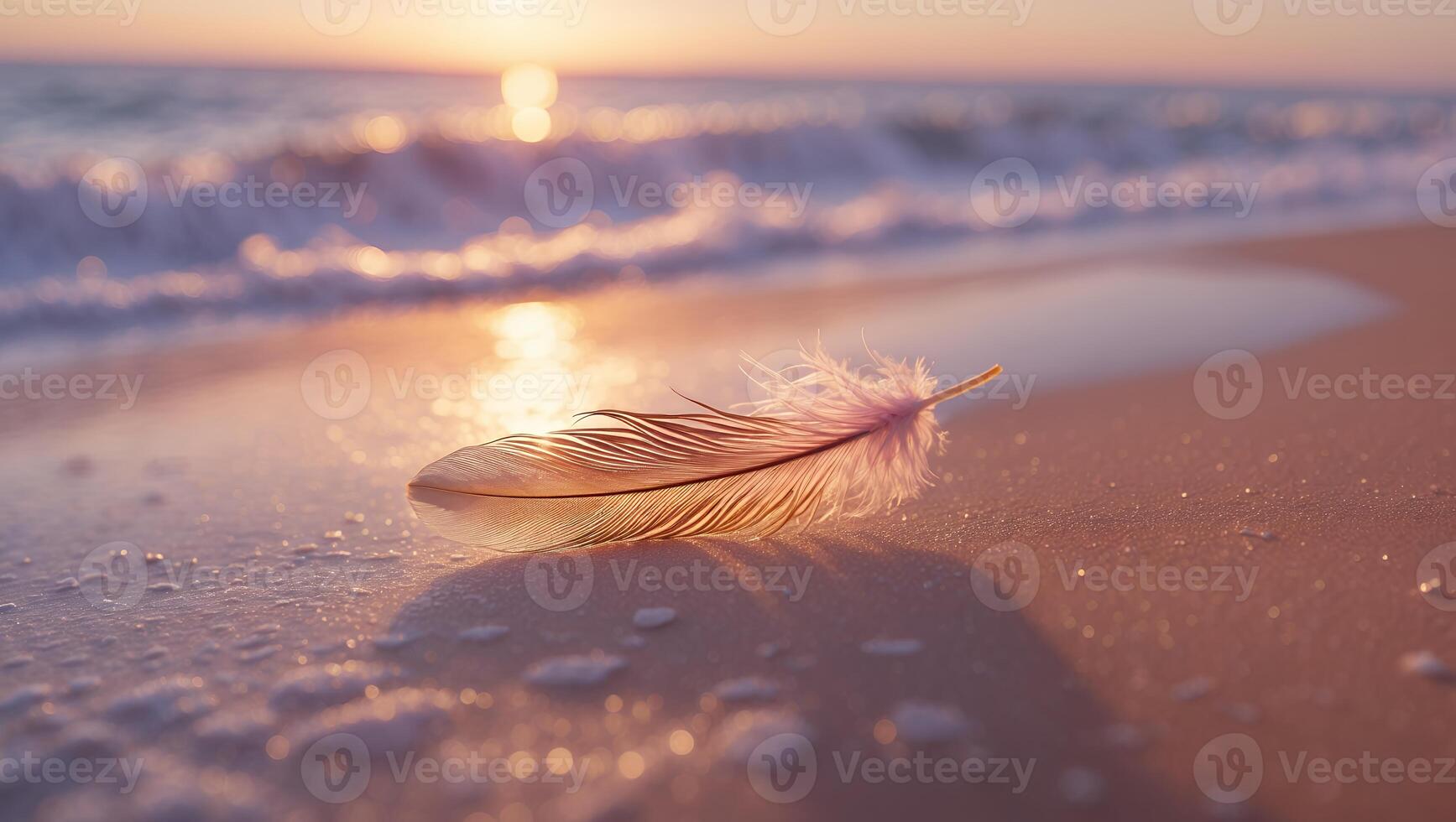 Feather Resting on Sandy Beach with Soft Waves at Sunset photo