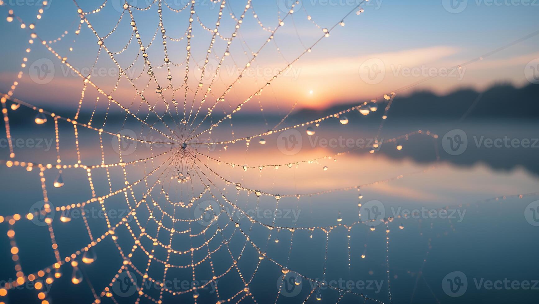 Spiderweb with Dew Drops Against Sunrise Reflection in Water photo