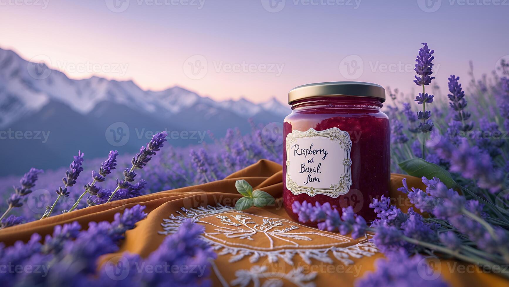 Homemade Raspberry Basil Jam Jar Displayed Among Lavender Flowers photo
