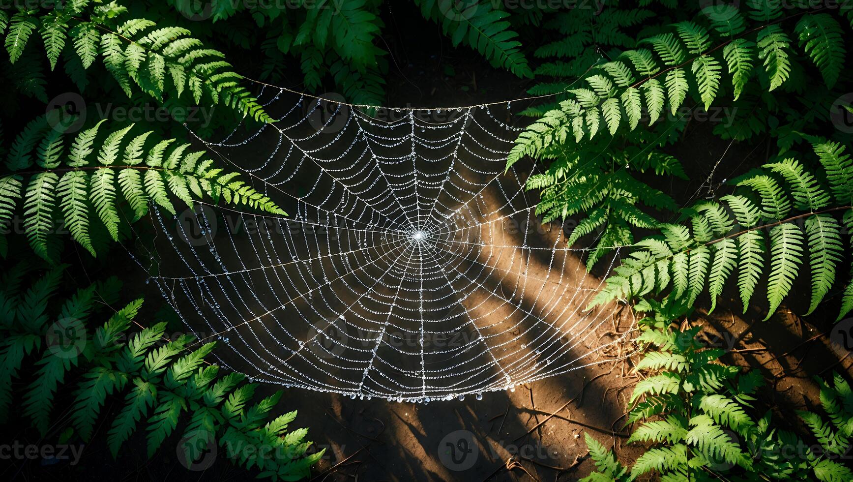 Spiderweb Covered in Dewdrops Hanging Between Ferns in Forest photo