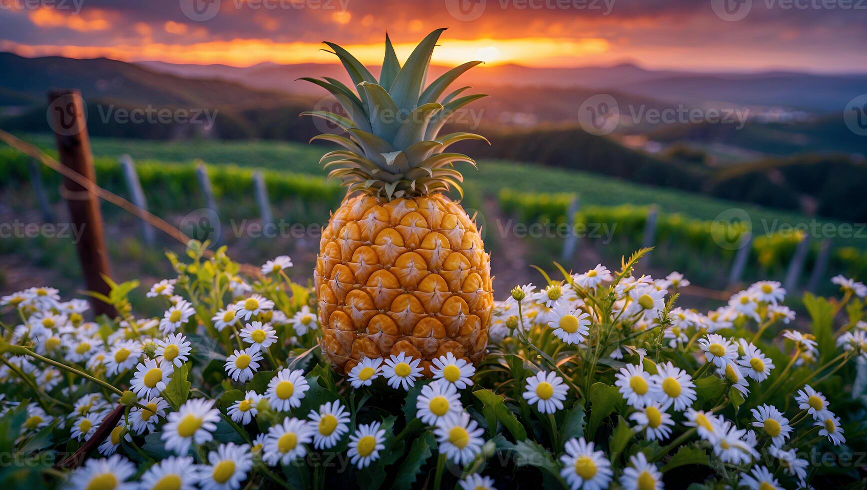 Pineapple in Daisy Flowers at Vineyard During Stunning Sunset photo