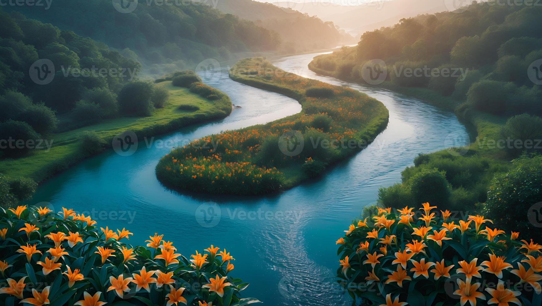 River Flowing Through Lush Green Valley with Vibrant Orange Flowers photo