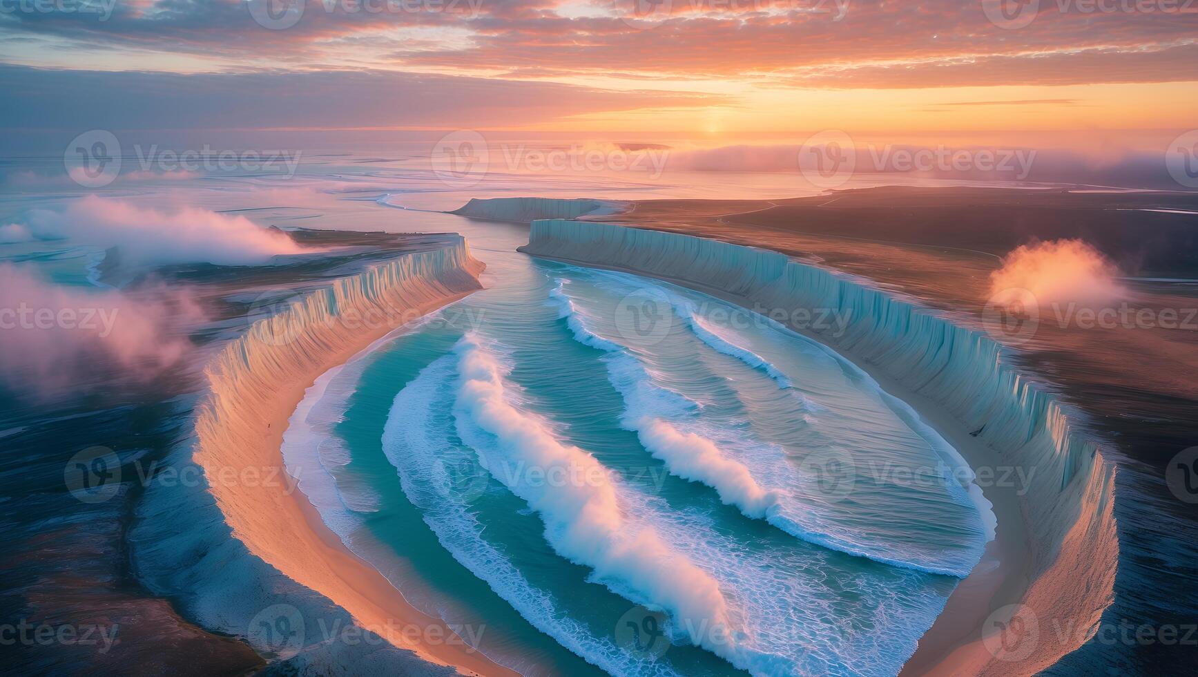 Aerial View of Ocean Waves Crashing on Beach with Colorful Sunset photo