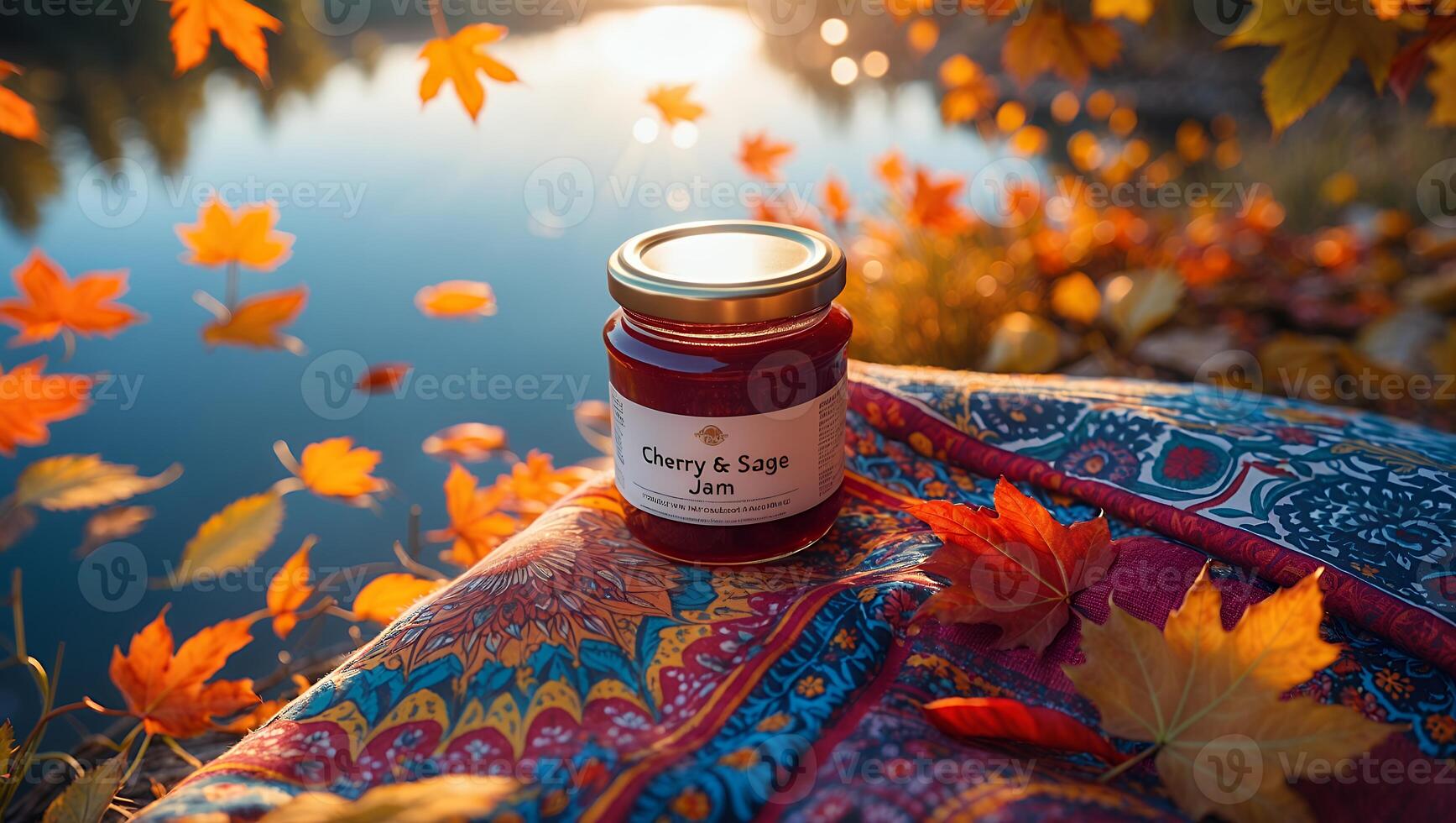 A jar of jam sits on a blanket near a lake photo