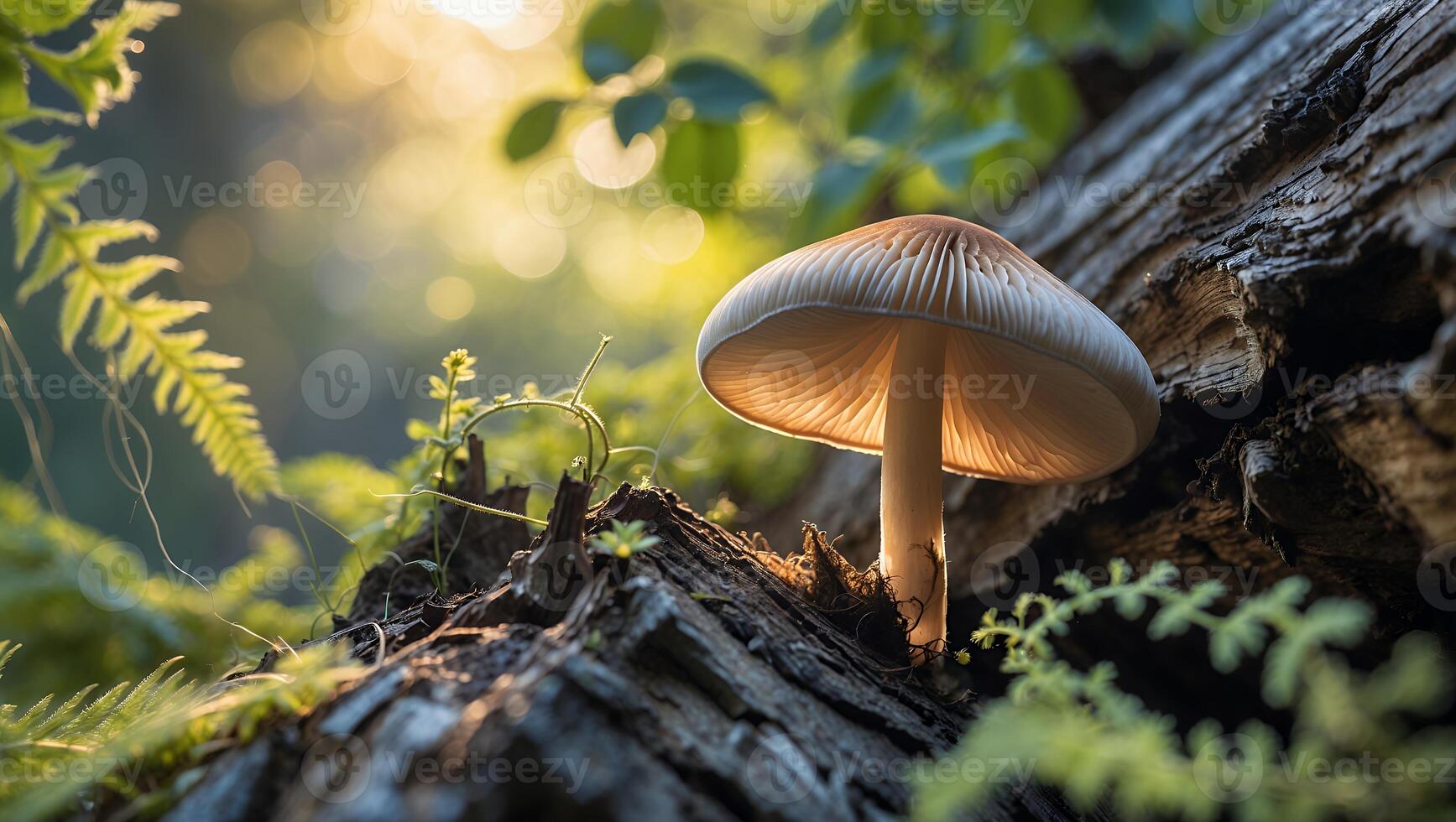 Mushroom Growing on Log with Sunlight Shining Through Forest Background photo