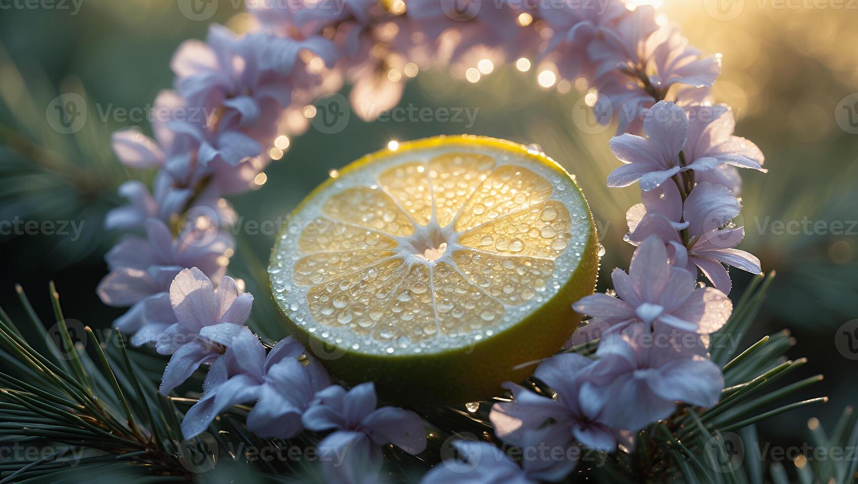 Lime Slice Surrounded by Flowers and Pine Needles with Sunlight photo