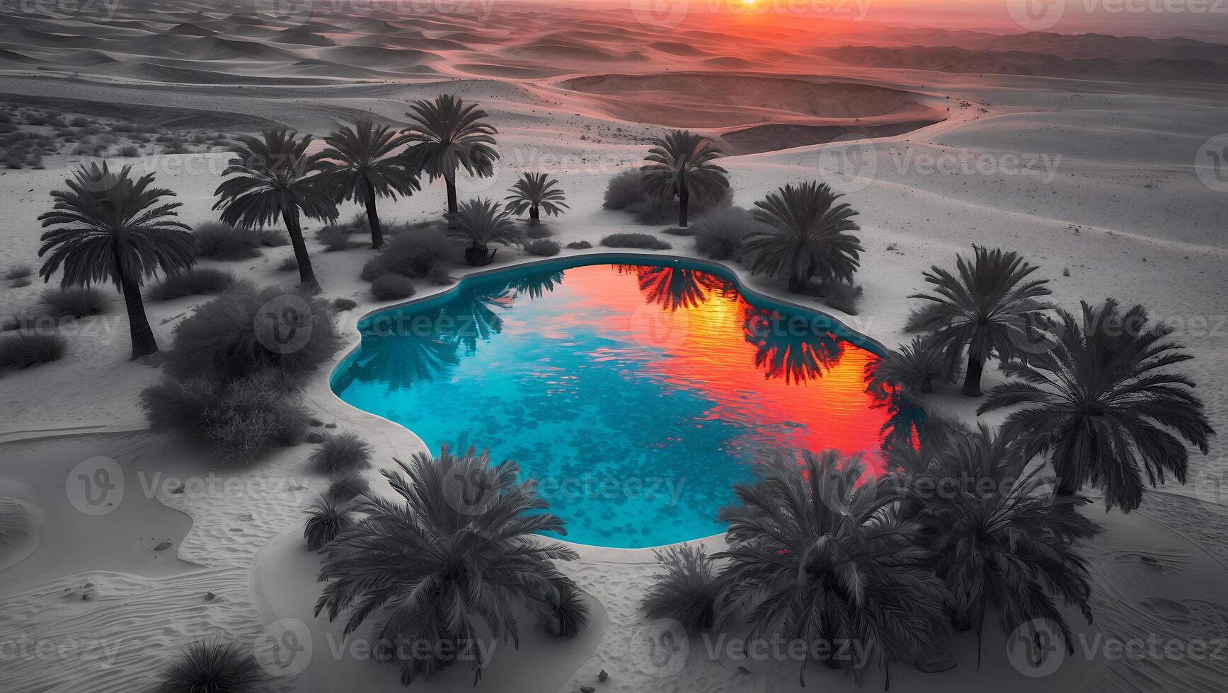 Oasis Pool Reflecting Sunset in Desert Landscape Surrounded by Palms photo