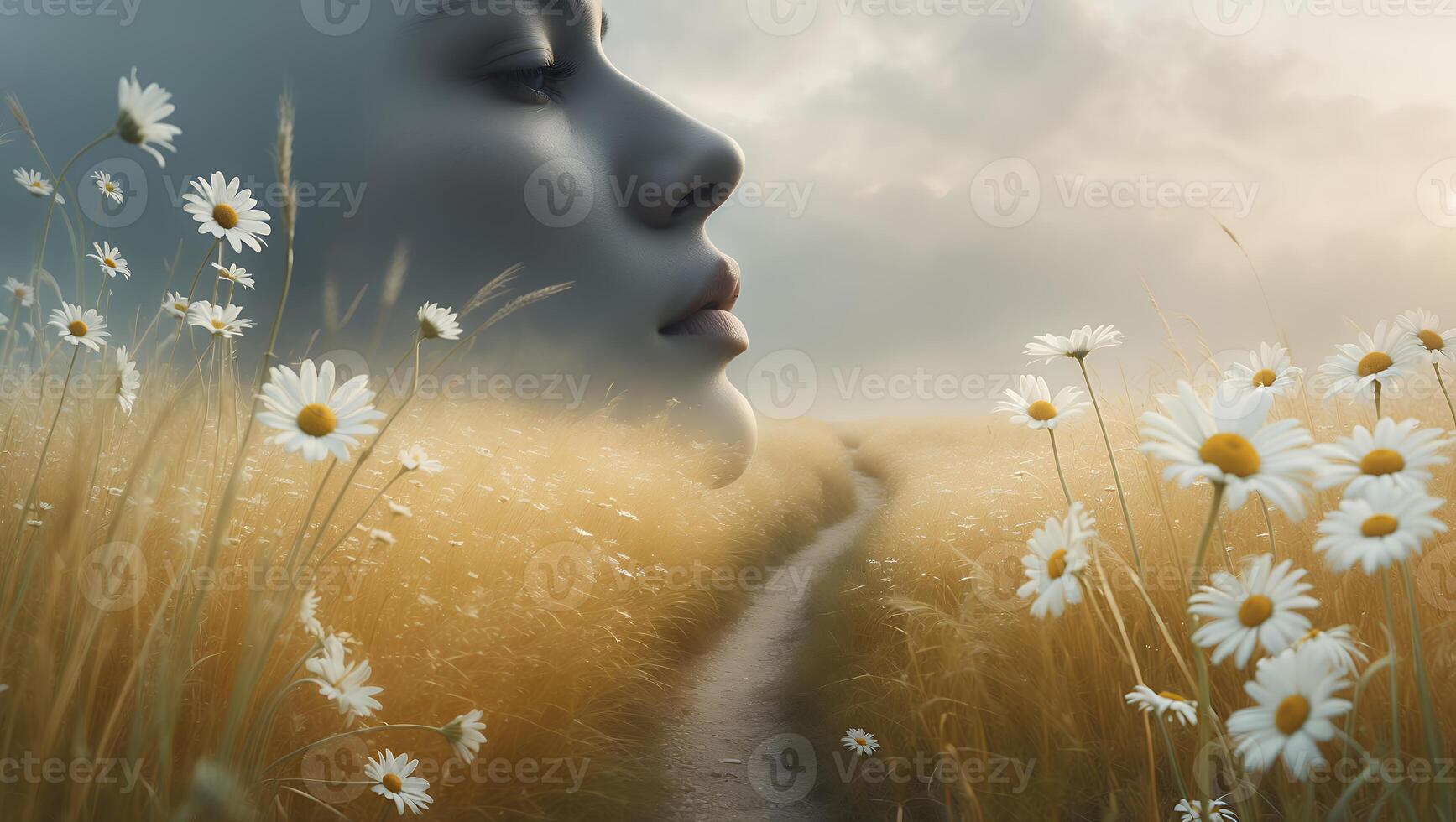 Woman Profile Over Daisies and Path in Field Dreamlike Image photo