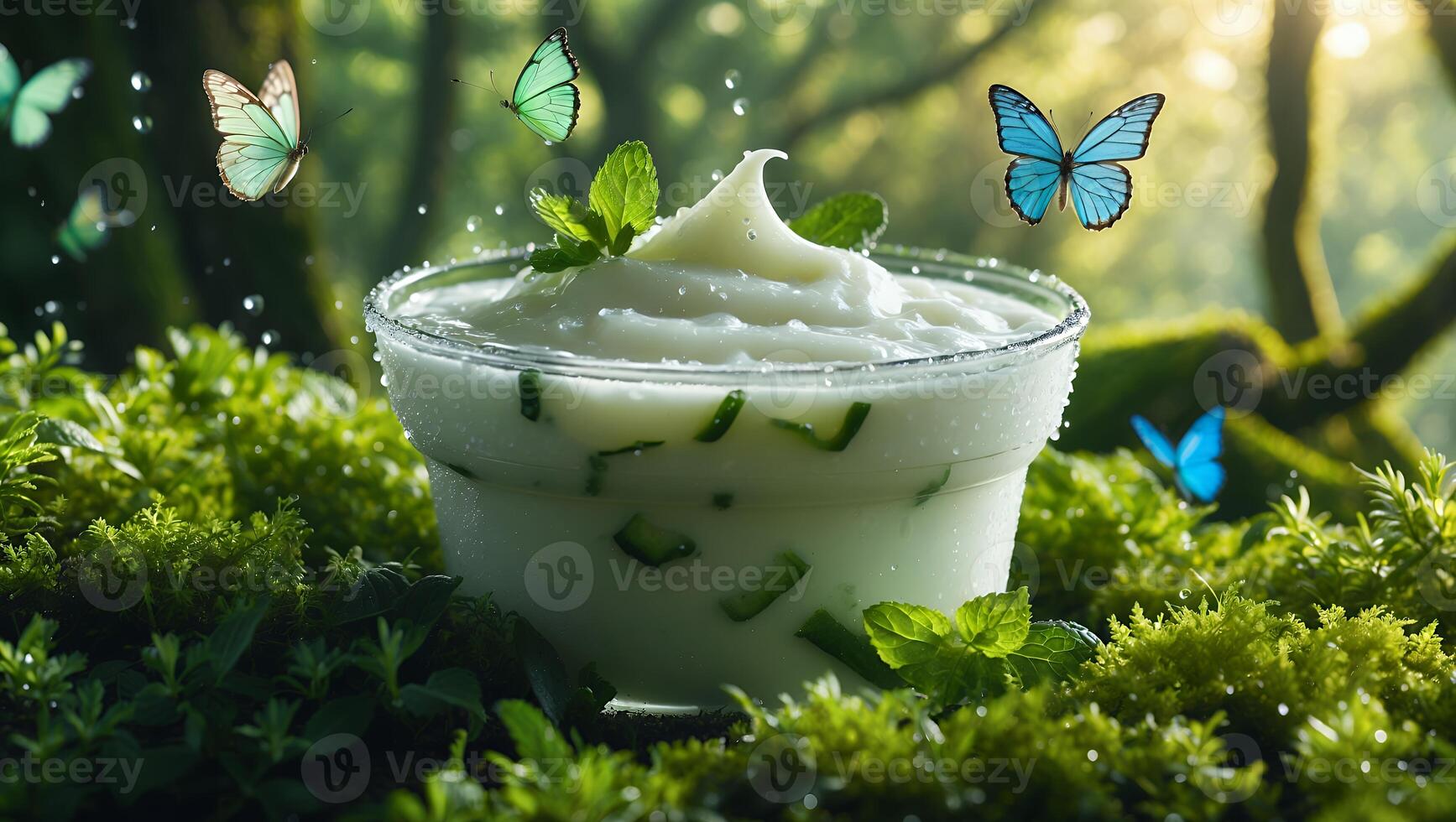 Refreshing Dessert with Mint Garnish in a Natural Forest Setting photo