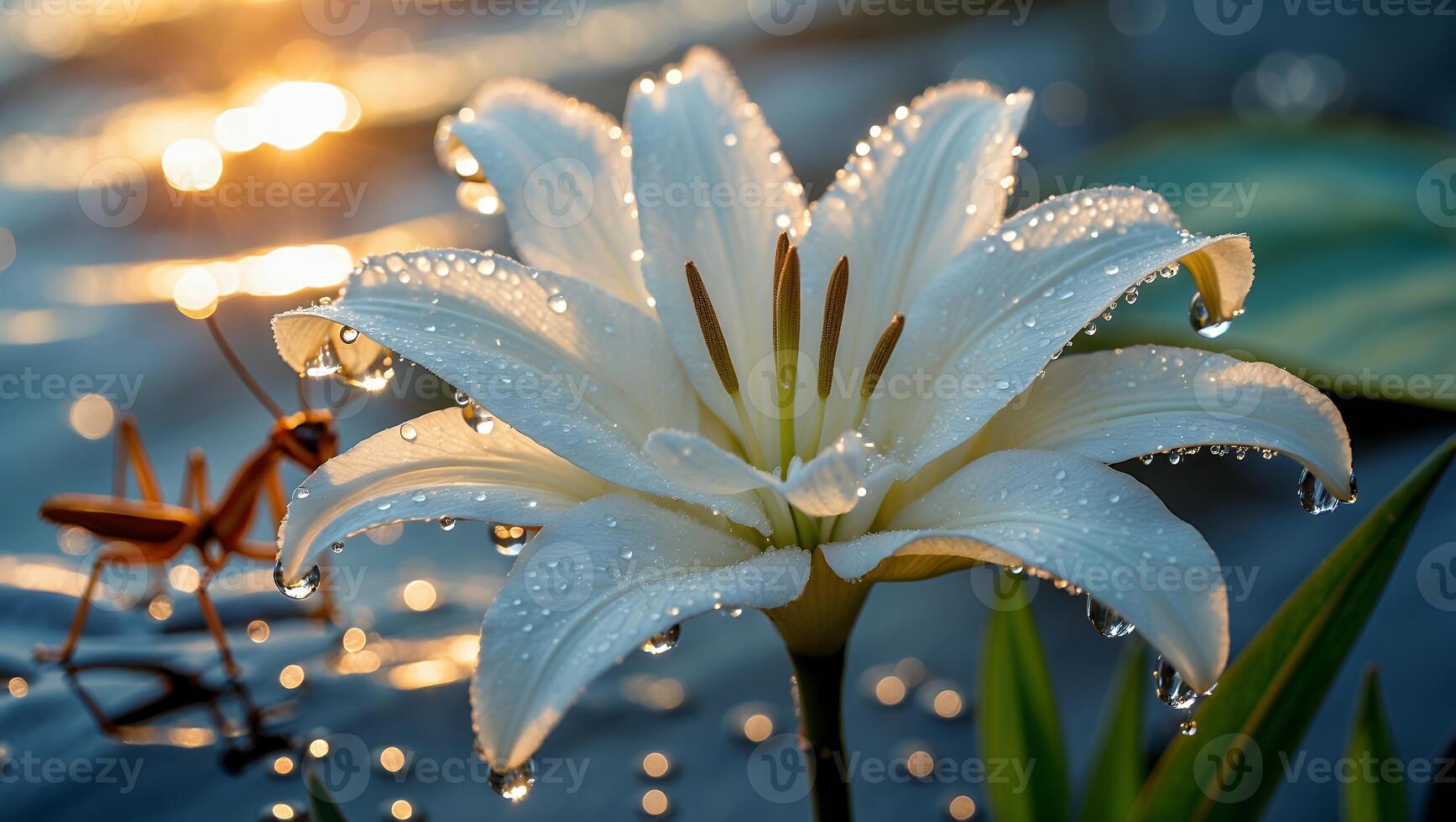 White Lily Flower with Water Droplets and Insect at Sunset photo