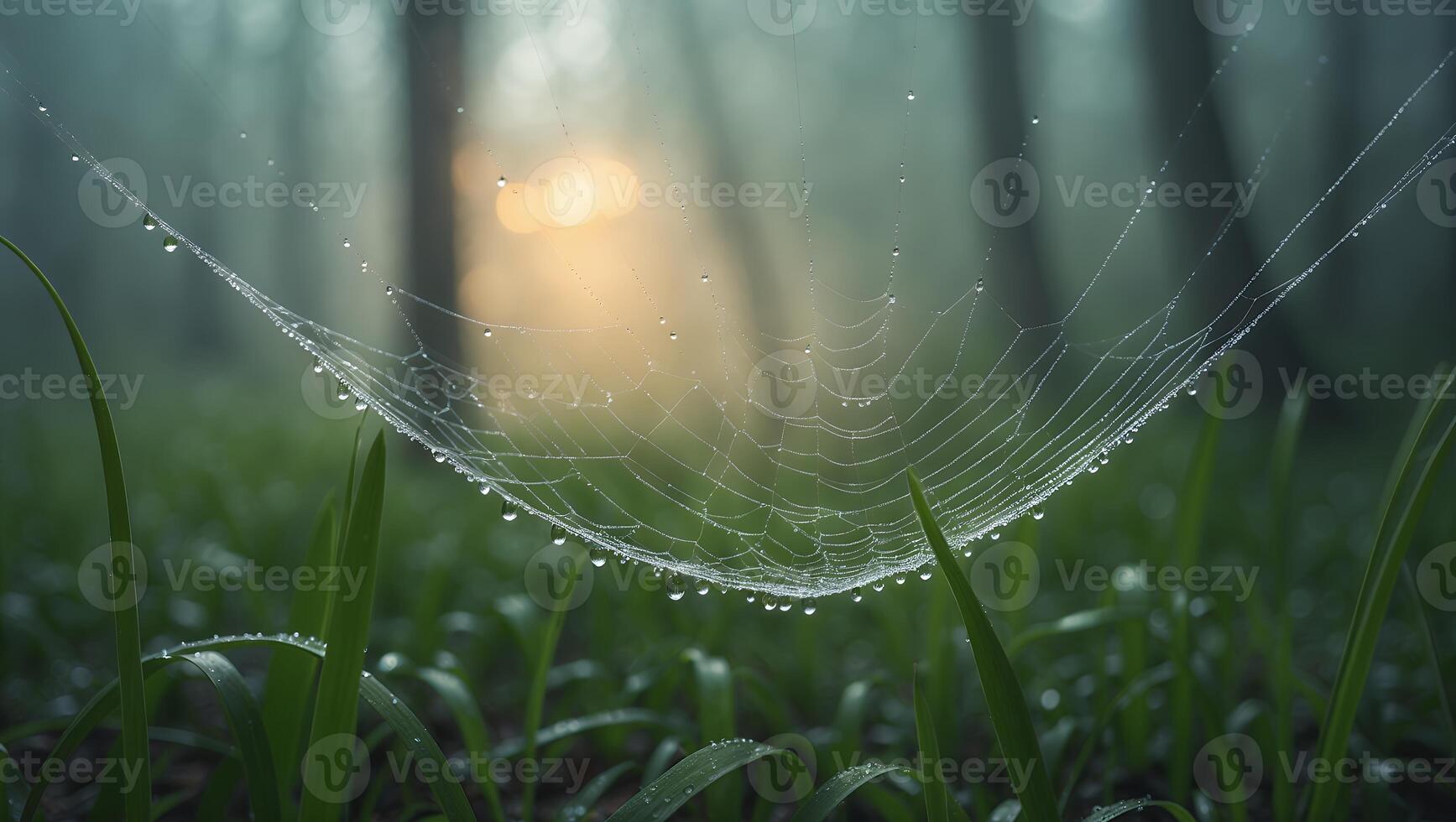 Spiderweb Dew Drops Glistening in Morning Light Through the Forest photo