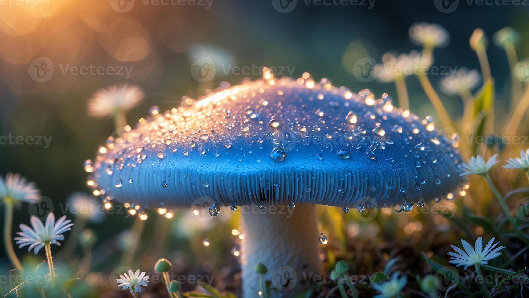 Mushroom with Water Droplets Glistening in the Morning Light in Meadow photo