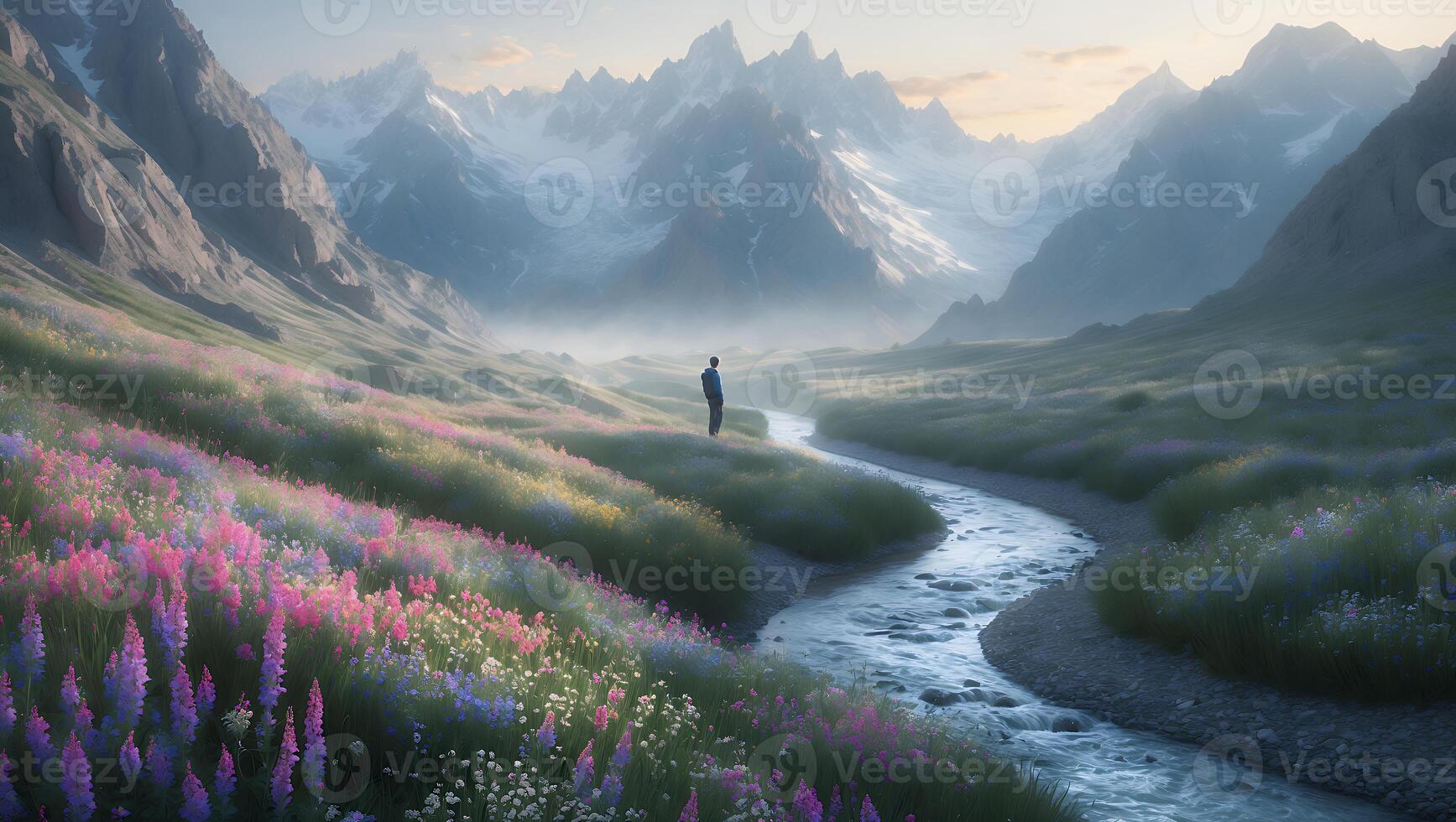 Person Gazing at Mountain Range Over a Flowing Stream and Wildflowers photo
