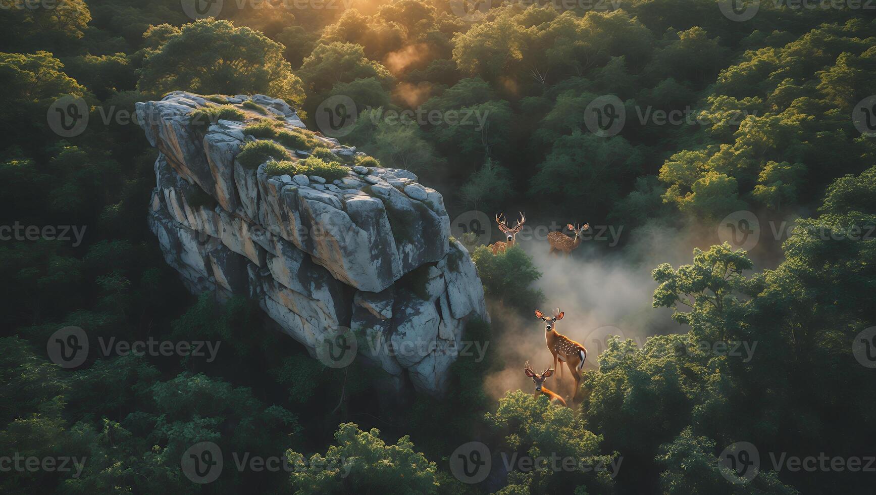 Deer Herd Emerging in Forest with Large Rocks During Foggy Morning photo