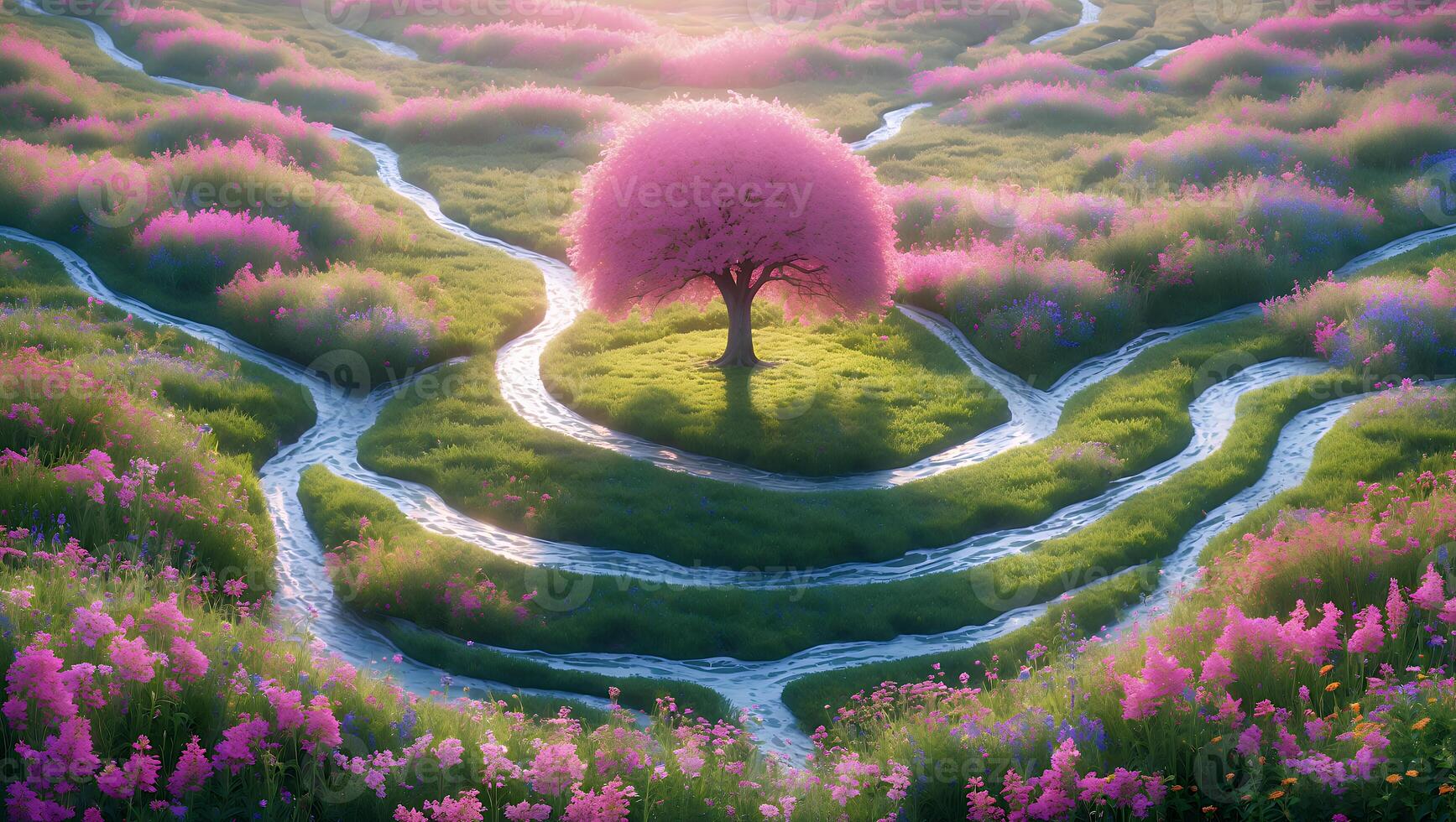 Pink Tree Stands in Meadow with Winding Streams and Flowers photo