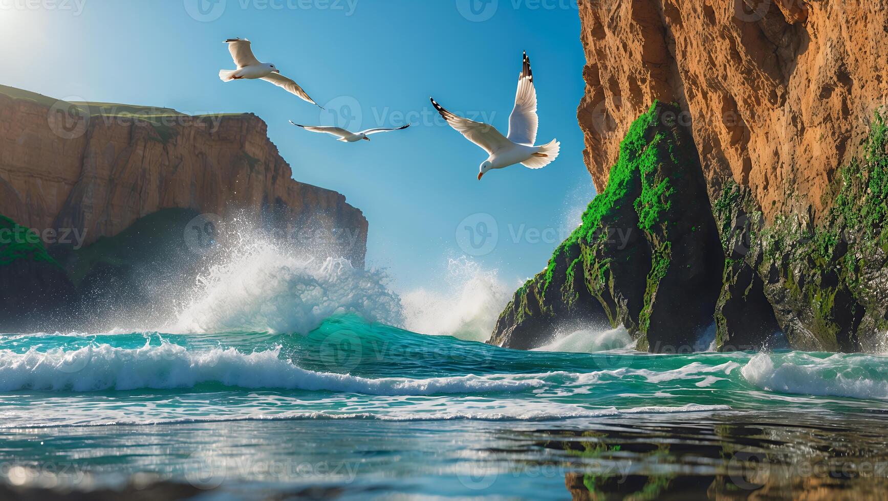 Seagulls Flying Over Crashing Waves Near Cliffs on Sunny Day photo