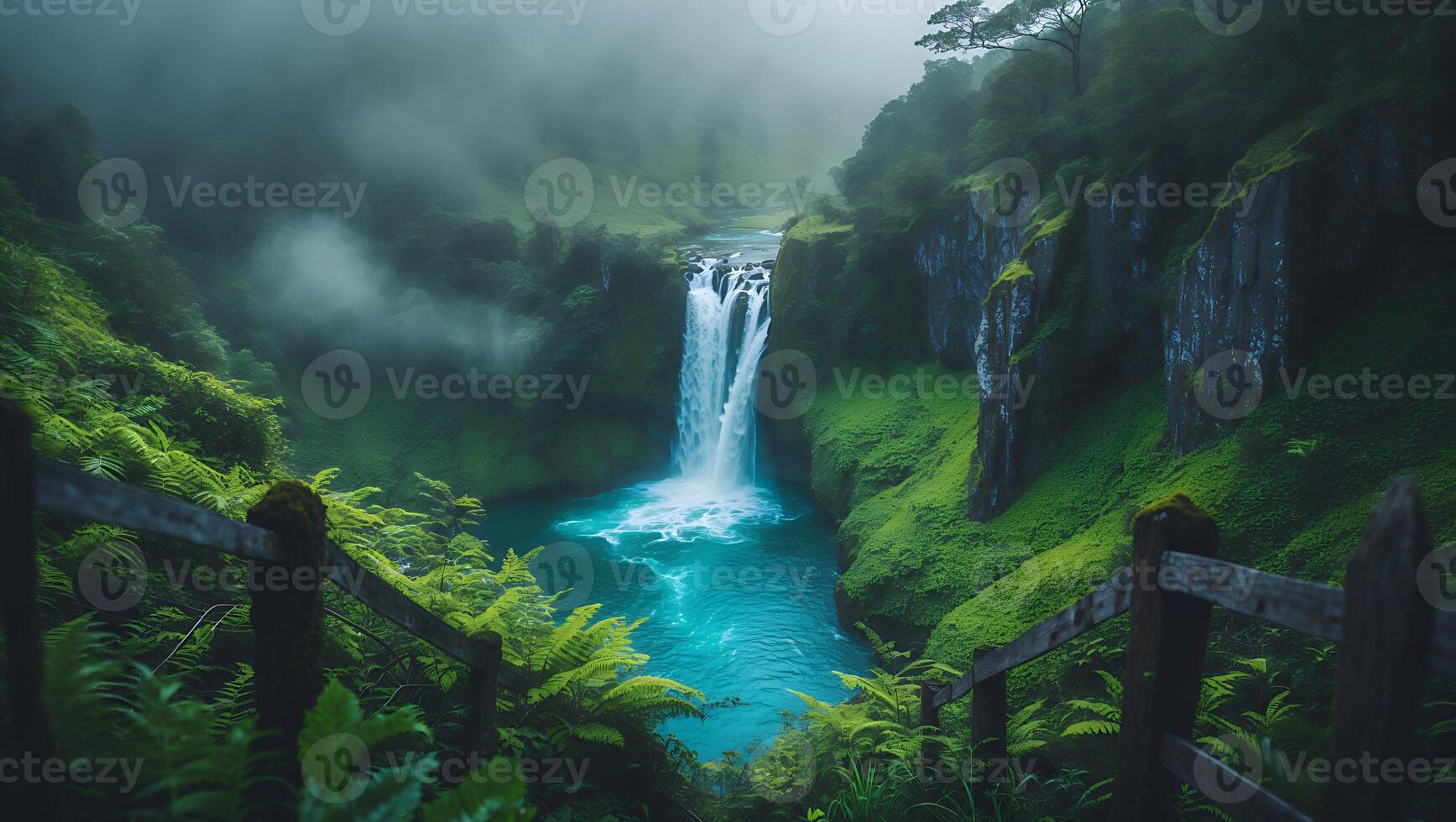 Waterfall Flowing Into Azure Pool Surrounded by Lush Greenery photo