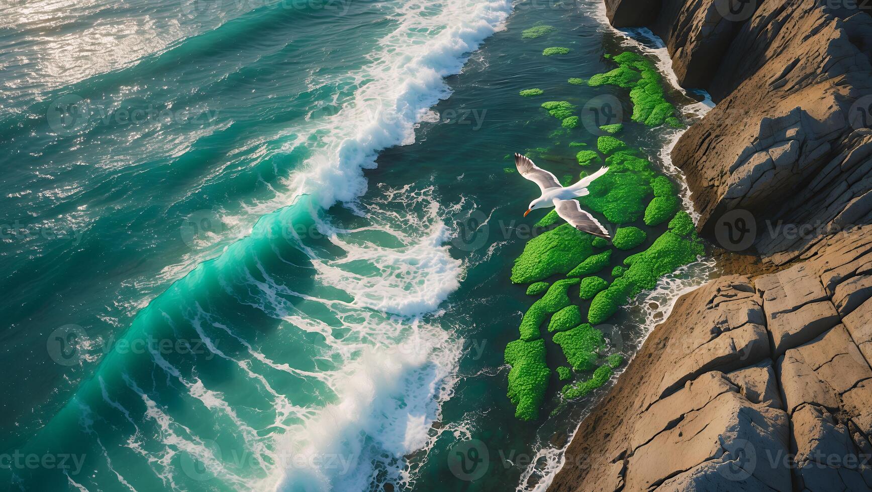 Seagull Soaring Above Ocean Waves Crashing Along Rocky Coastline photo