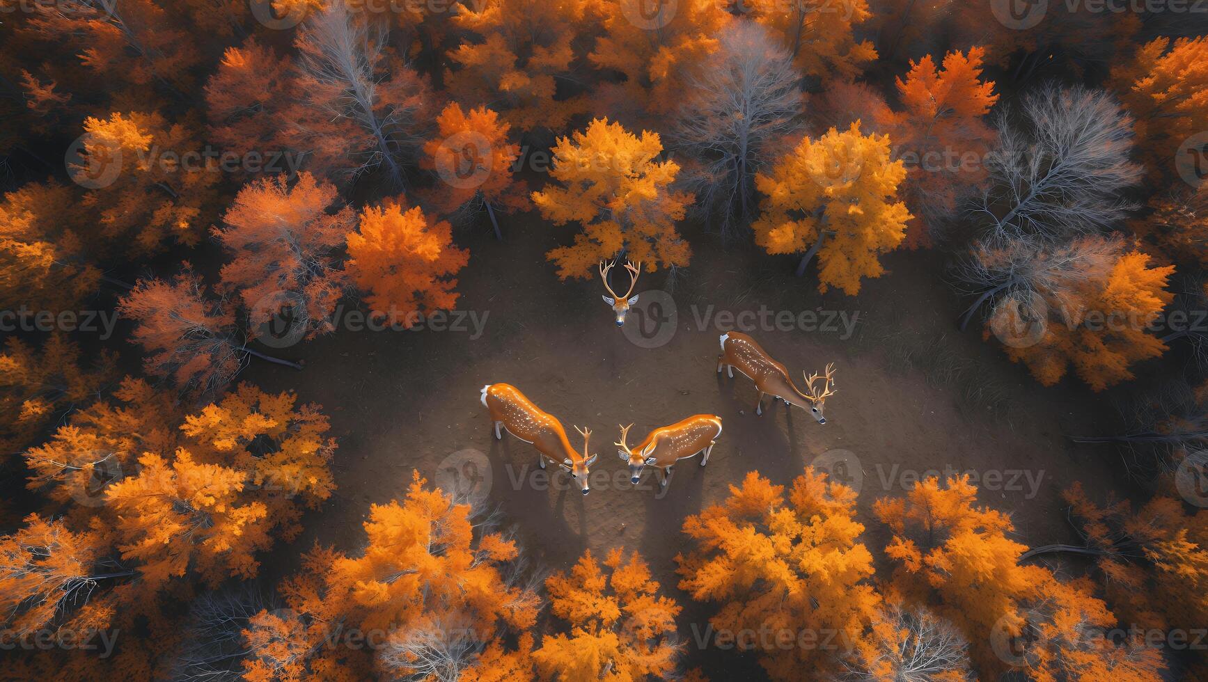 Deer Gathering in Autumn Forest Viewed From Above Aerial Perspective photo
