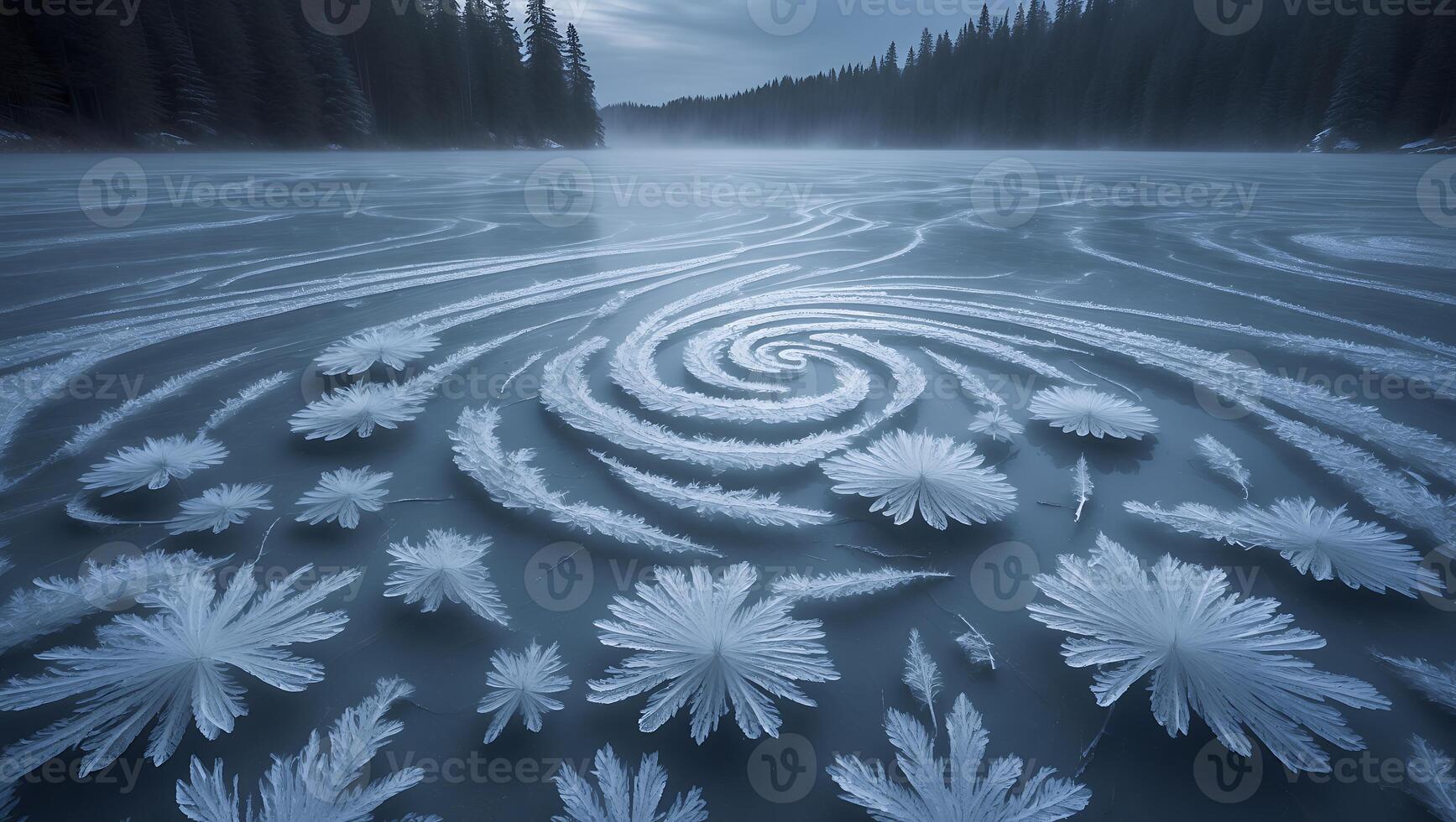 Frozen Lake Surface with Ice Crystal Formations and Winding Patterns photo
