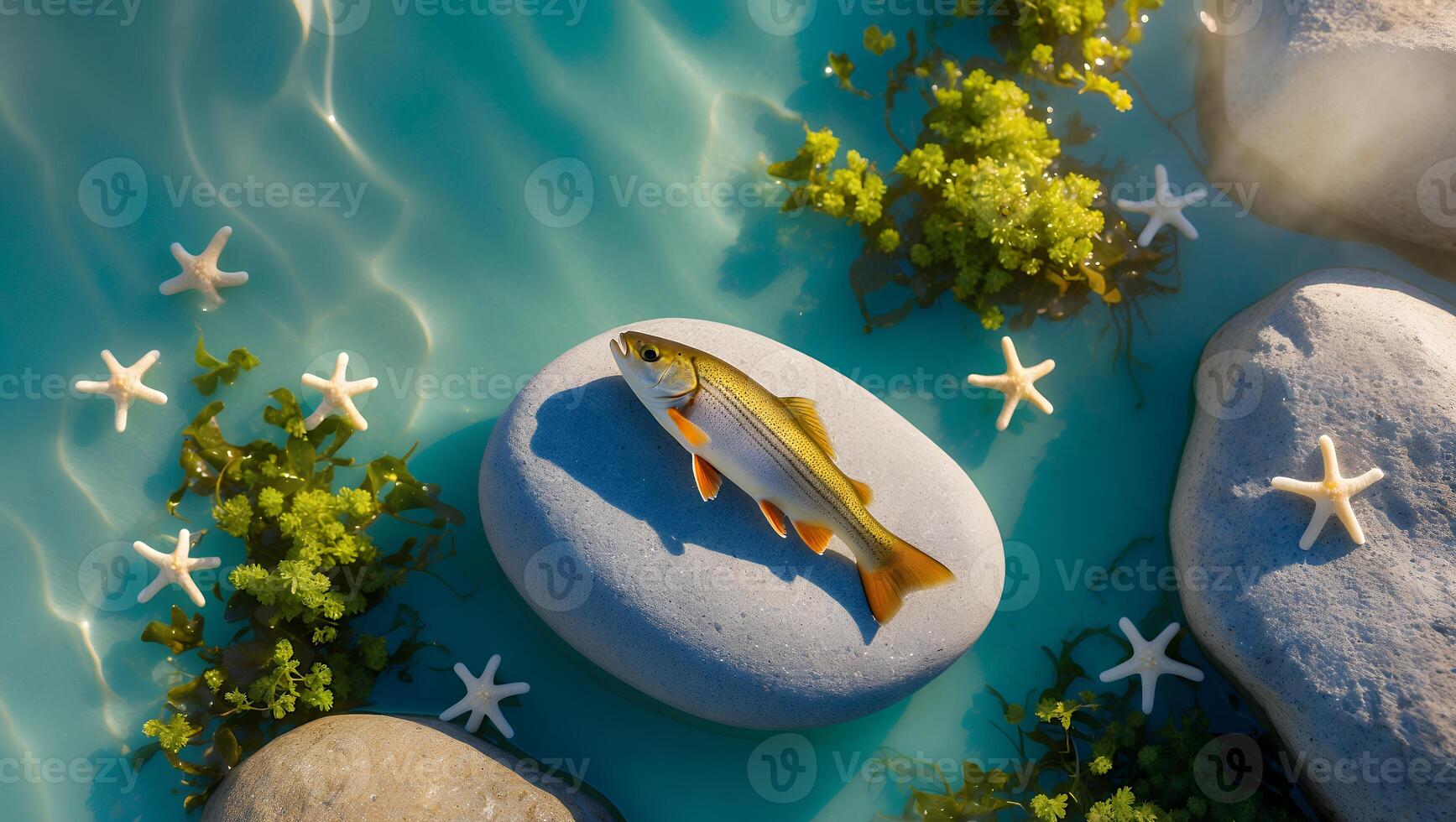 Fish Resting on a Stone in Clear Water with Starfish photo