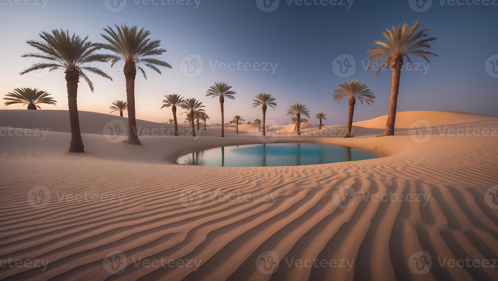 Palm Trees Around Oasis in Desert at Sunset with Rippling Sand photo