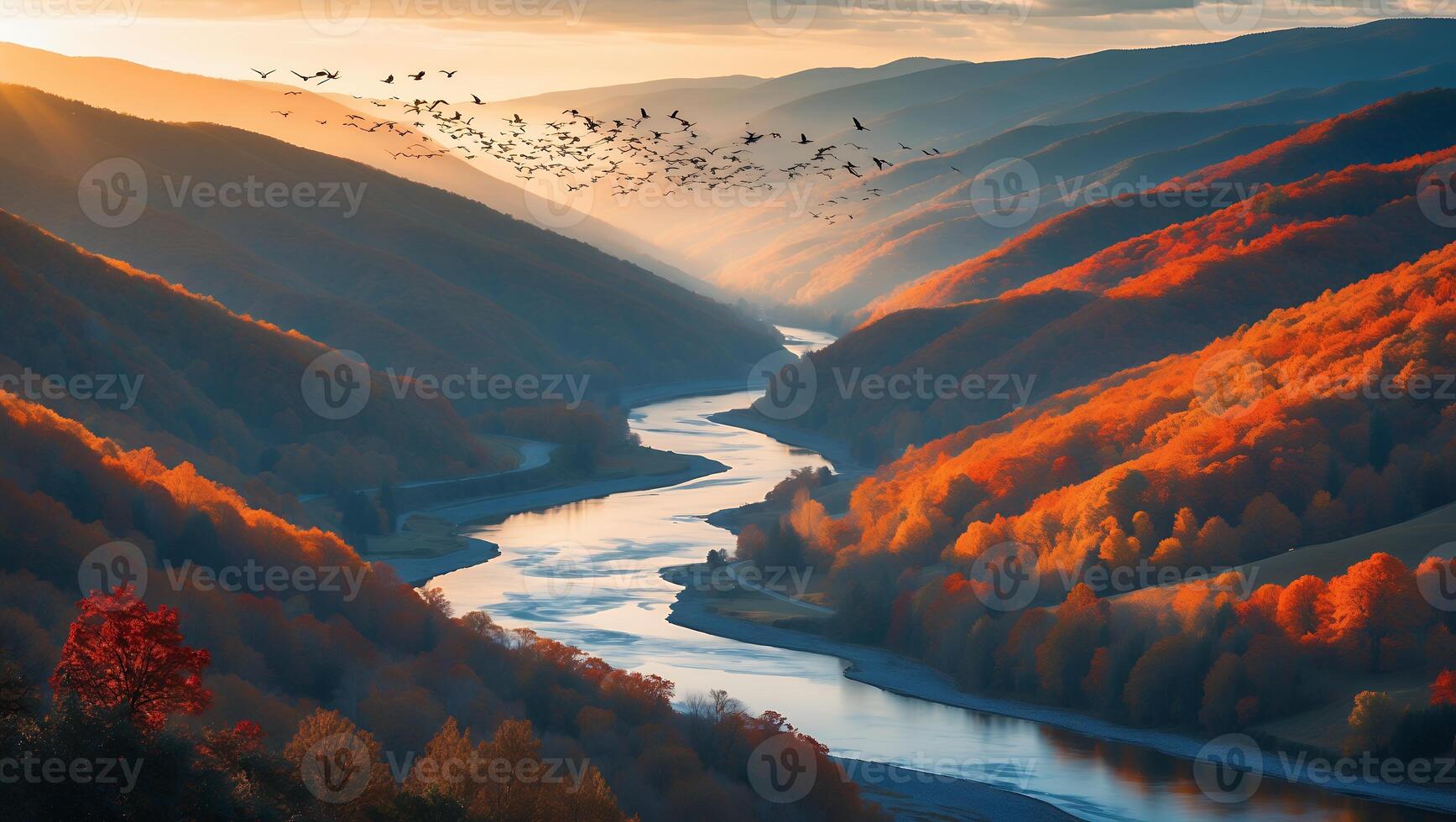 River Flowing Through Colorful Autumn Forest Valley with Birds Flying photo