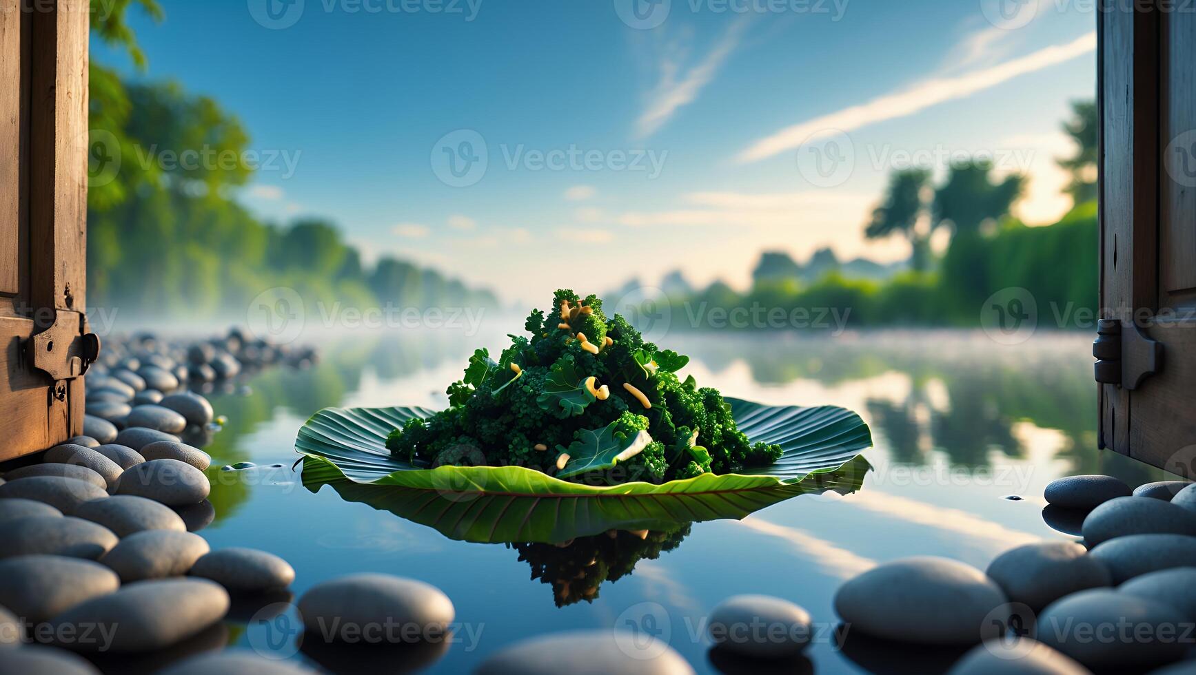 Serving Kale on Leaf in Calm Water by Open Window photo