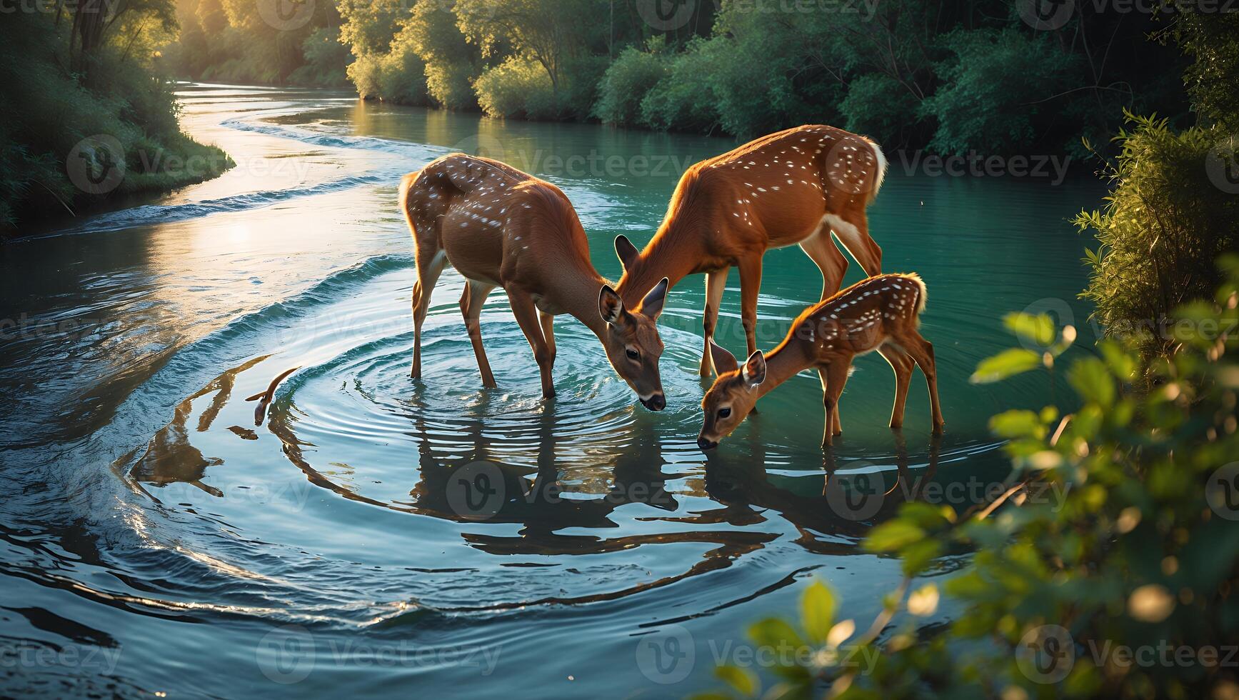 Deer Family Drinking in River Reflecting Light Through the Trees photo