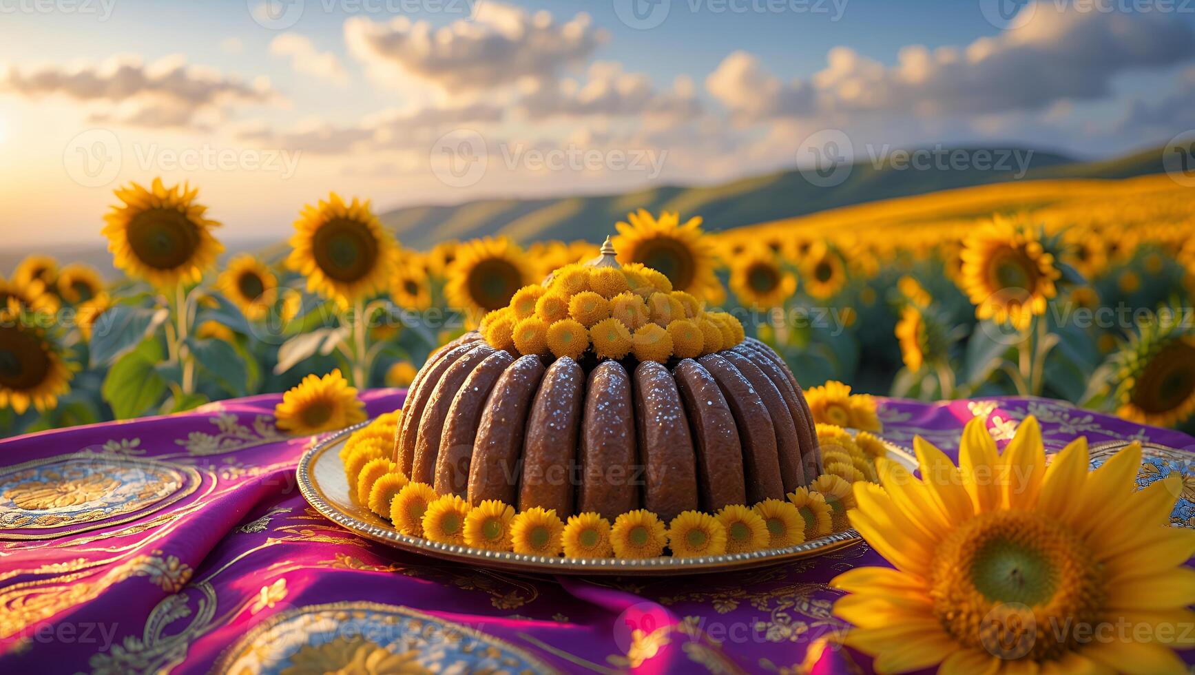 Bundt Cake Decorated with Flowers in Sunflower Field at Sunset photo