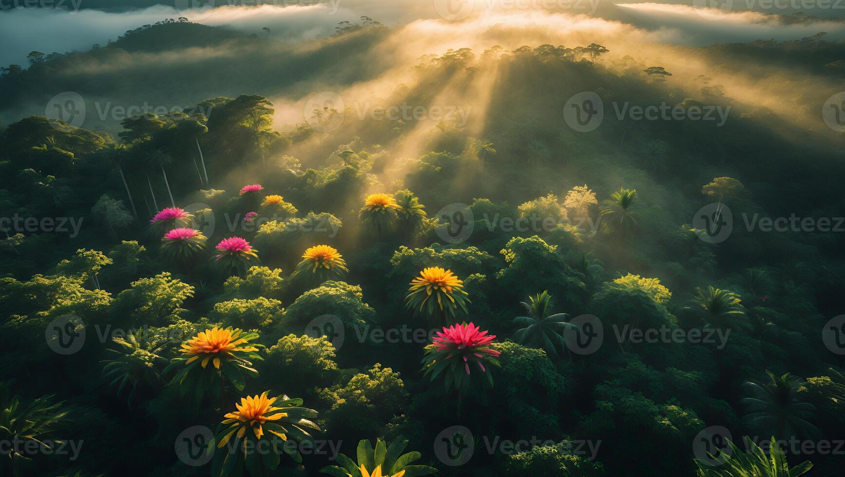Lush Forest Canopy with Morning Sunbeams and Colorful Flowering Trees photo