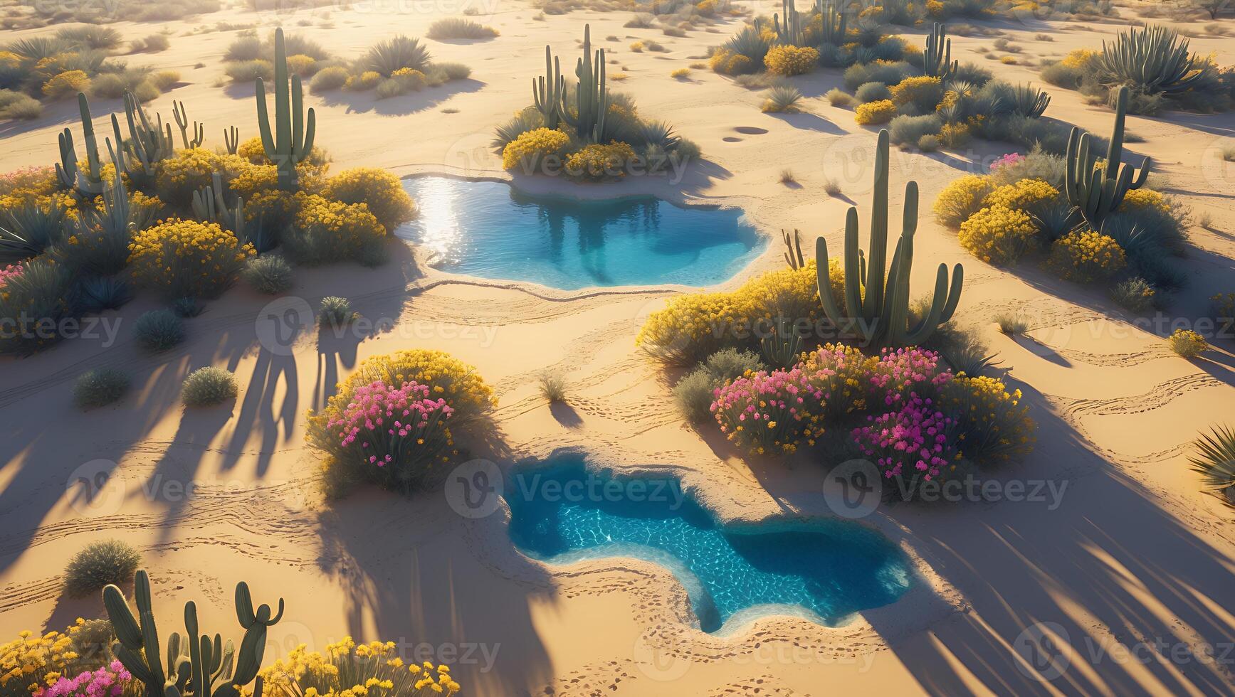 Desert Oasis Landscape with Cacti and Pools of Water photo