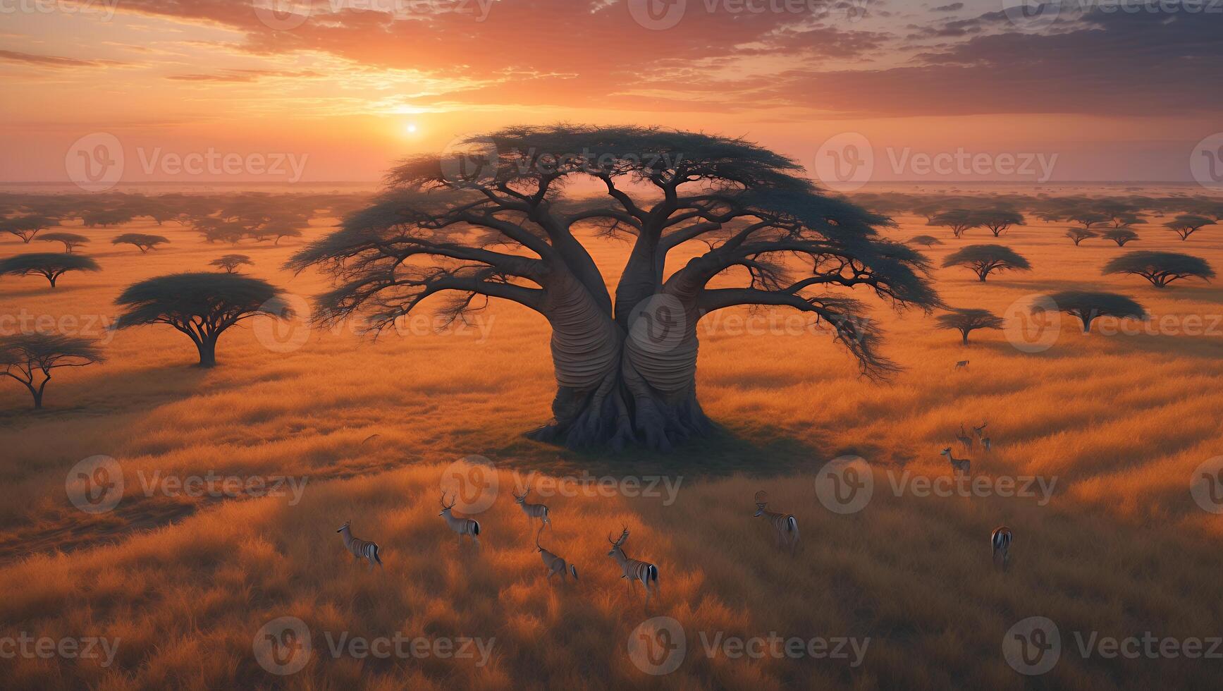 African Savannah Landscape with Baobab Tree and Animals at Sunset photo