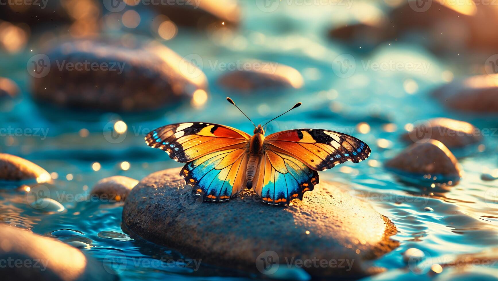 Butterfly Resting on Stone in Flowing Water with Colorful Wings photo