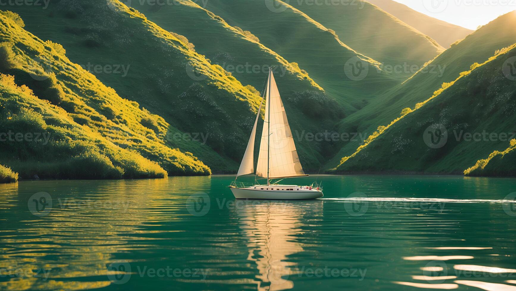Sailing Boat Gliding on Water Surrounded by Green Hills at Sunset photo