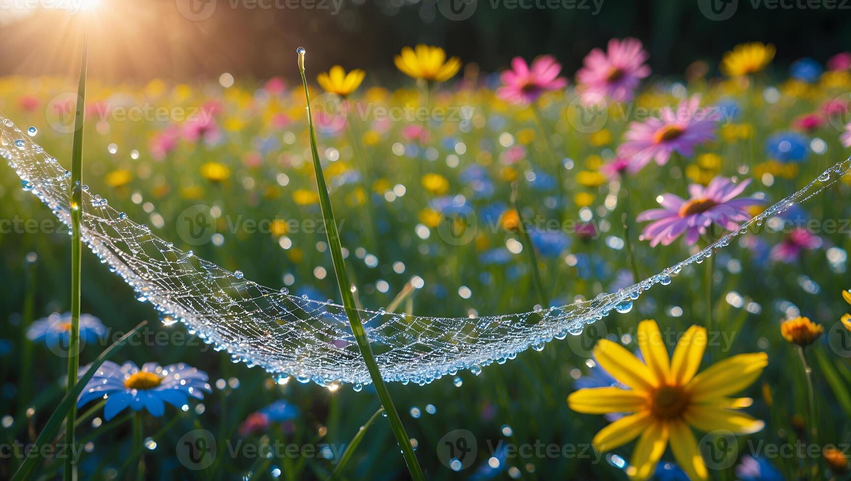 Dew Drops on Spiderweb Shimmering in a Field of Wildflowers photo