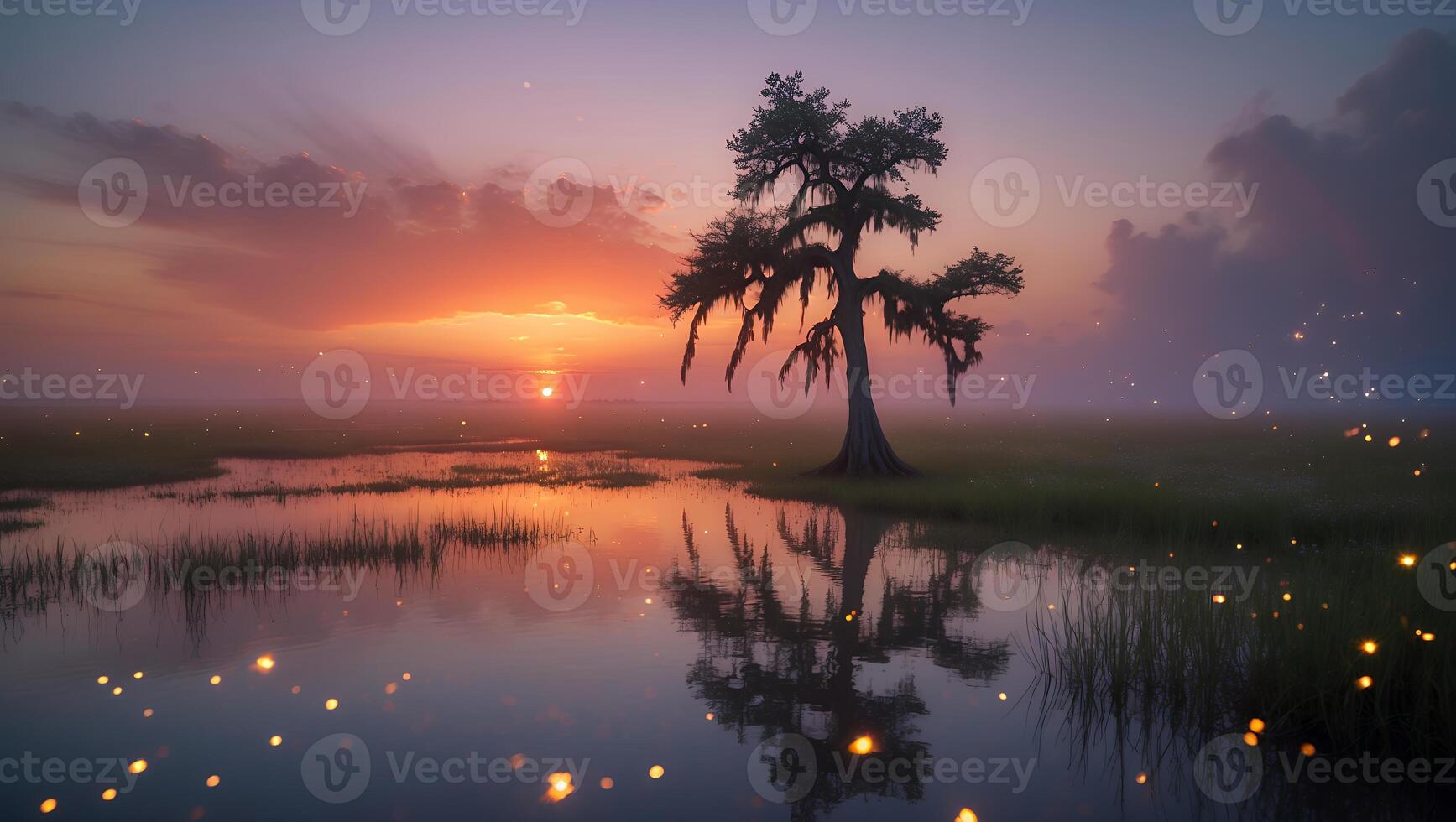 Lone Tree Reflecting in Water at Sunset Over Marshland Landscape photo