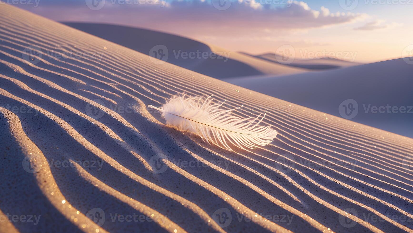 Feather Resting on Desert Sand Dunes at Sunset with Wavy Patterns photo