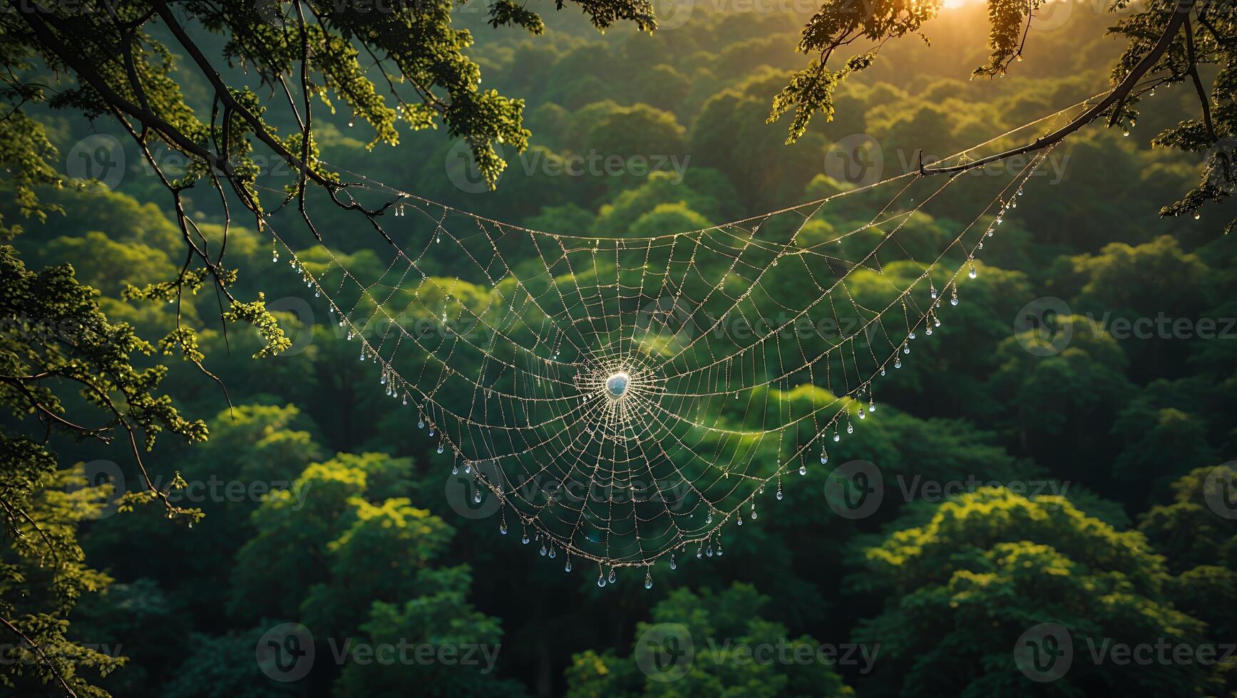 Spiderweb with Dew Drops Hanging in Forest Canopy Sunlight photo