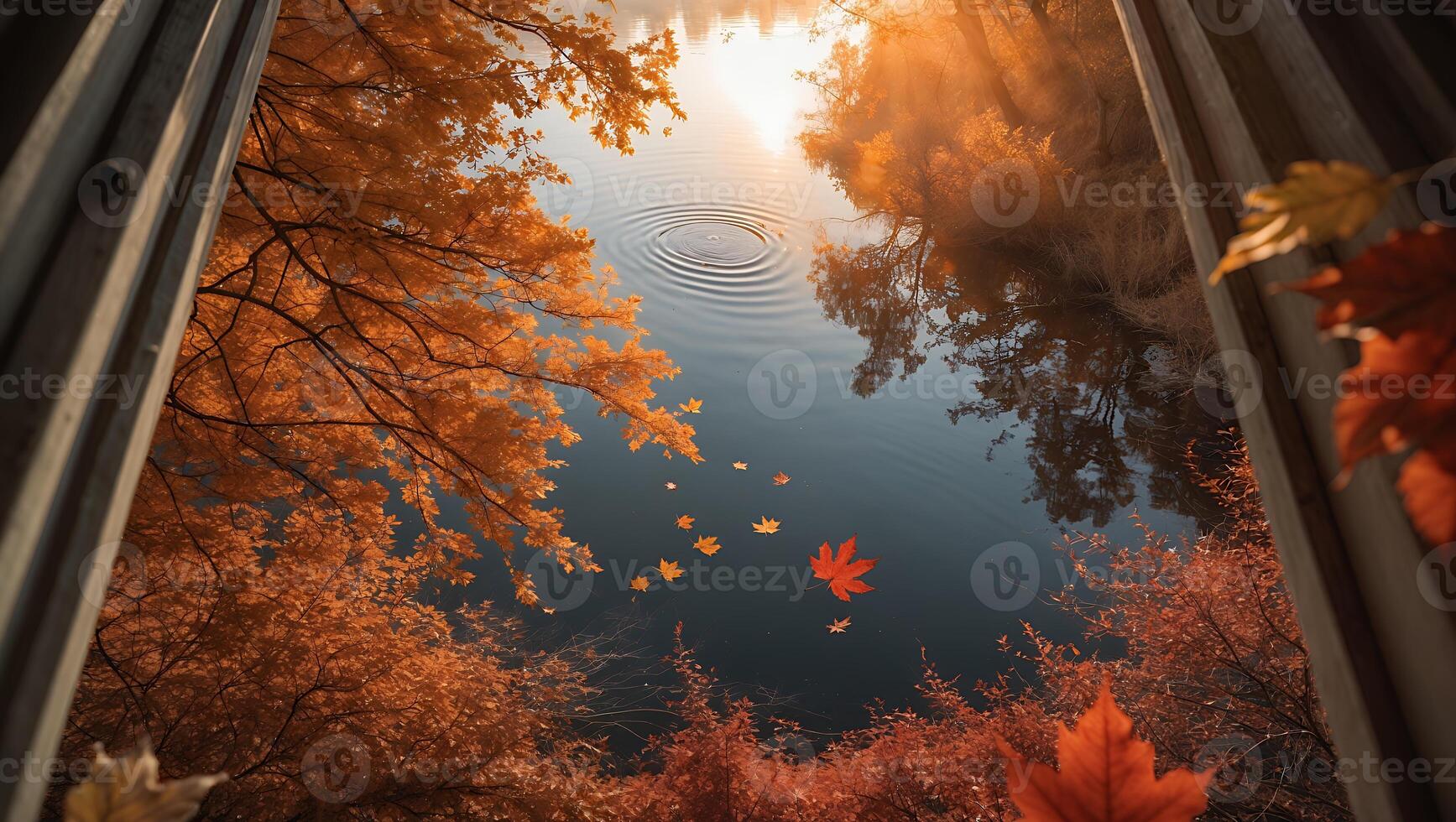 Lake View with Colorful Autumn Foliage and Reflections at Sunset photo