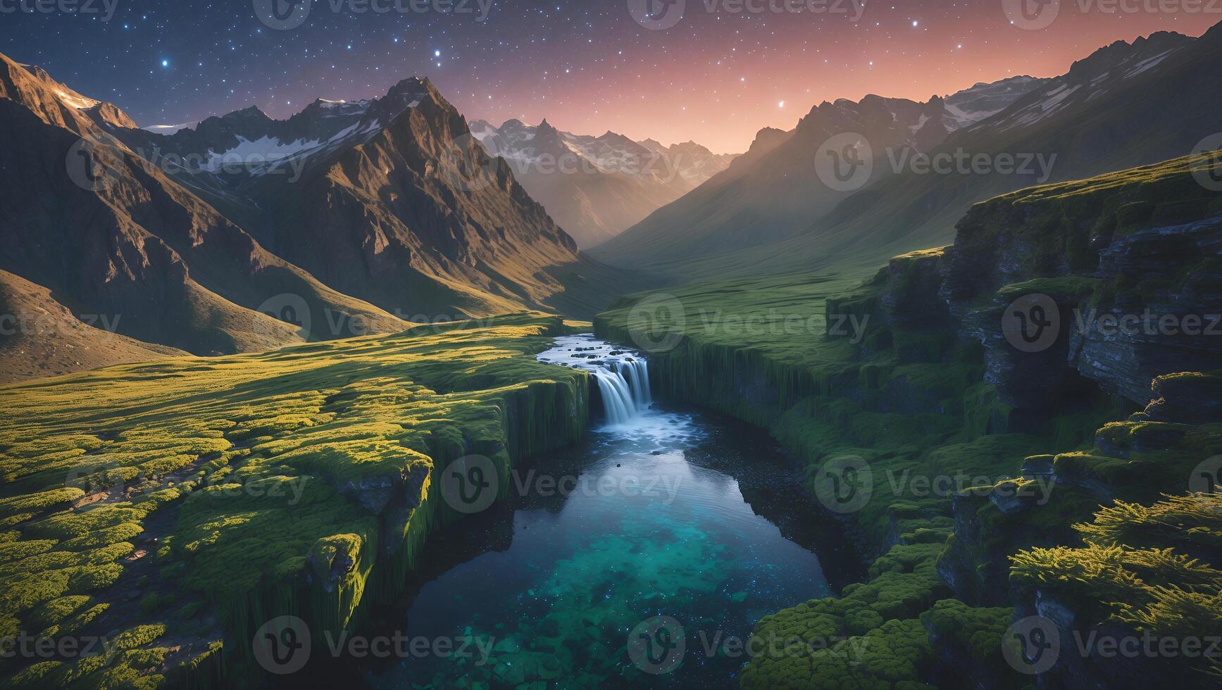 Cascading Waterfall Flowing Through Mountain Valley Under Starry Evening Sky photo