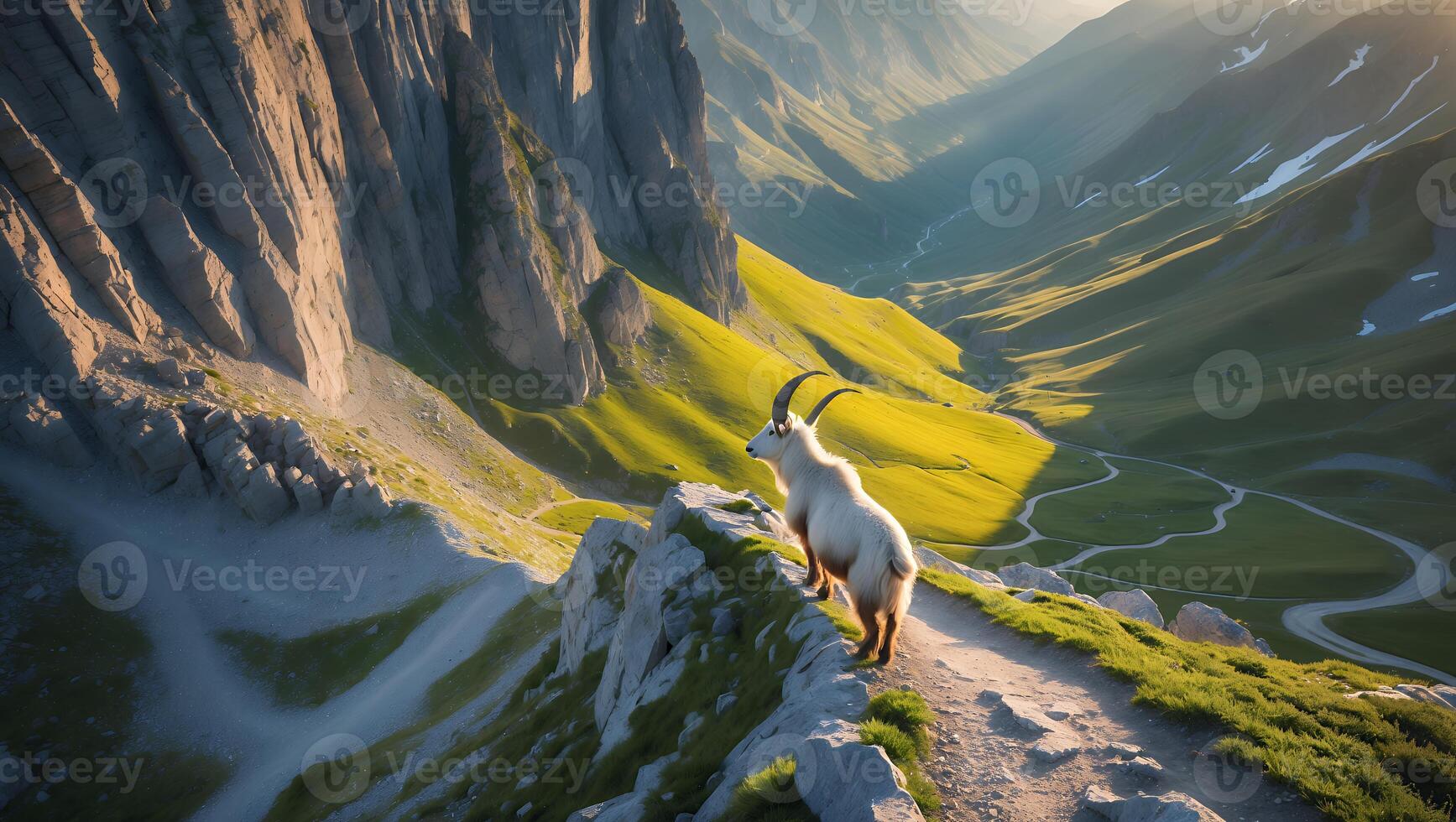 Goat Standing on Rocky Peak Overlooking Mountain Valley Landscape photo