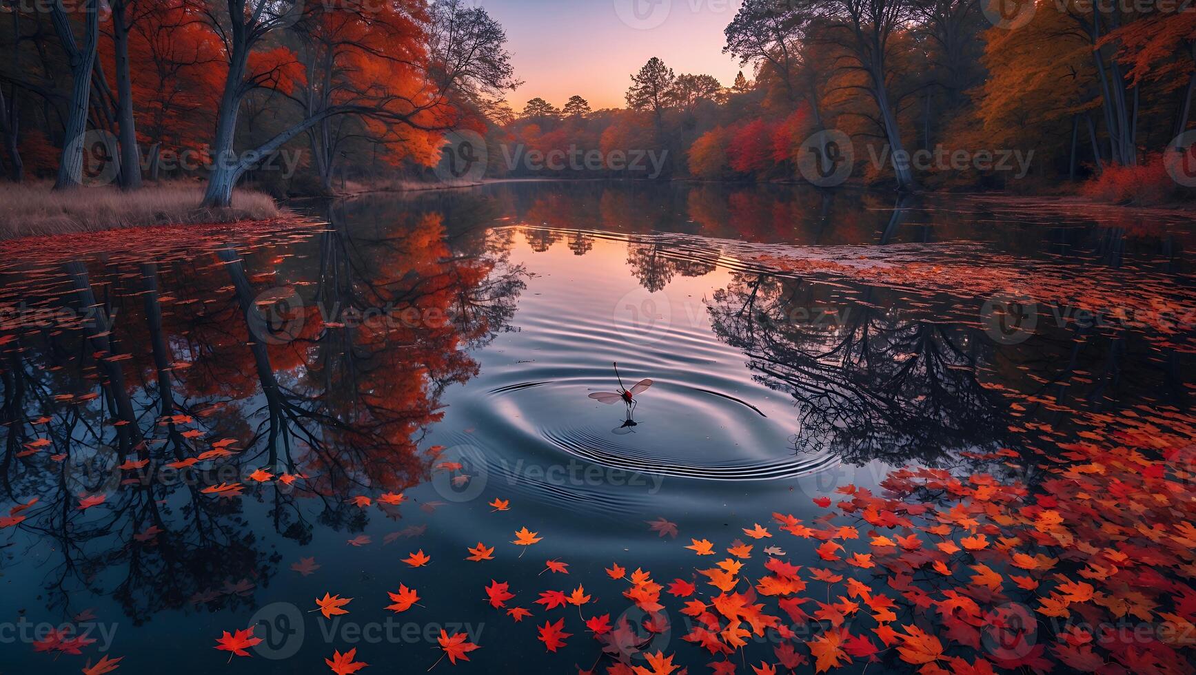 Autumn Lake Reflecting Colorful Trees with Leaf Floating and Gentle Ripples photo